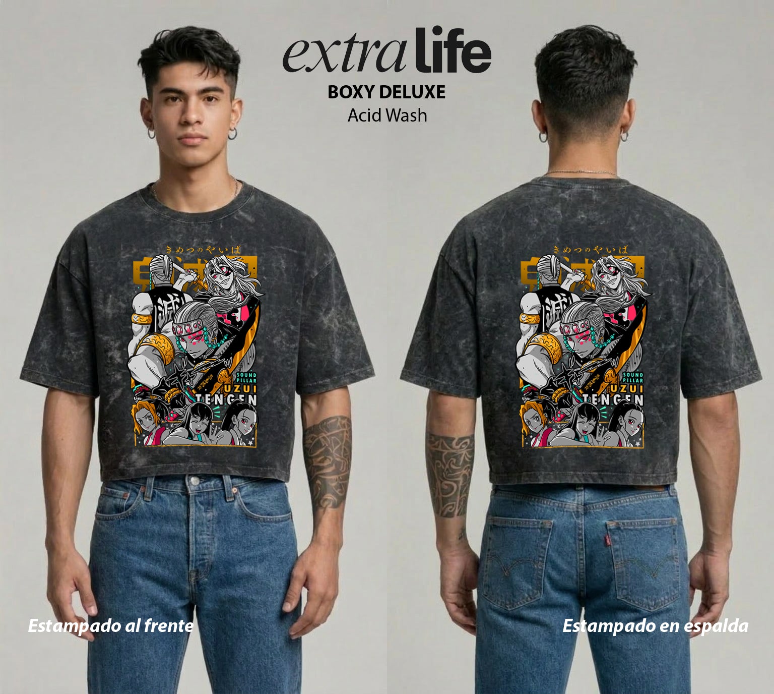 Playera streetwear premium de anime y gaming ExtraLife MX, corte boxy deluxe mineral wash heavyweight en color Acid Wash, moda urbana mexicana de culto.