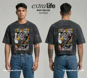 Playera streetwear premium de anime y gaming ExtraLife MX, corte boxy deluxe mineral wash heavyweight en color Acid Wash, moda urbana mexicana de culto.