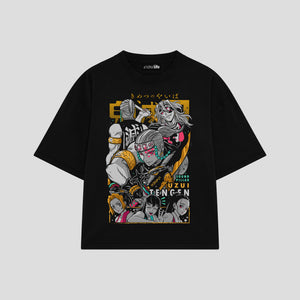 Playera streetwear premium de anime y gaming ExtraLife MX, corte boxy oversized drop shoulder heavyweight en color Deep Black y Off-White, moda urbana mexicana de culto.