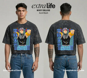 Playera streetwear premium de anime y gaming ExtraLife MX, corte boxy deluxe mineral wash heavyweight en color Acid Wash, moda urbana mexicana de culto.