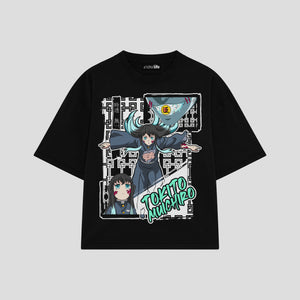 Playera streetwear premium de anime y gaming ExtraLife MX, corte boxy oversized drop shoulder heavyweight en color Deep Black y Off-White, moda urbana mexicana de culto.