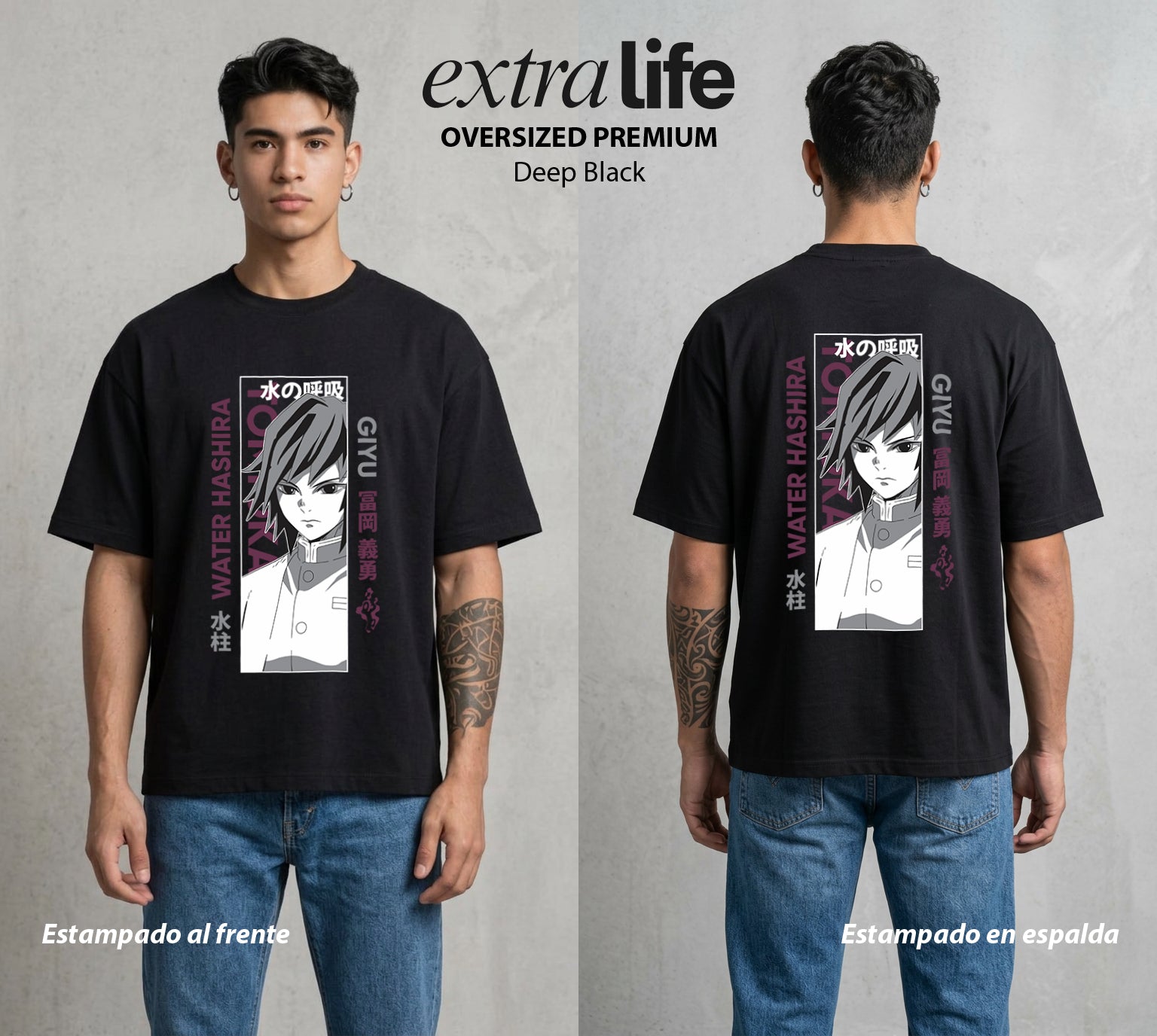 Cazadores de la Noche | Demon Slayer Tomioka #01248 - Playera Oversized Premium | Deep Black - Foto en modelo