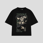 Playera streetwear premium de anime y gaming ExtraLife MX, corte boxy oversized drop shoulder heavyweight en color Deep Black y Off-White, moda urbana mexicana de culto.