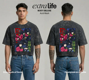 Playera streetwear premium de anime y gaming ExtraLife MX, corte boxy deluxe mineral wash heavyweight en color Acid Wash, moda urbana mexicana de culto.