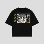 Playera streetwear premium de anime y gaming ExtraLife MX, corte boxy oversized drop shoulder heavyweight en color Deep Black y Off-White, moda urbana mexicana de culto.