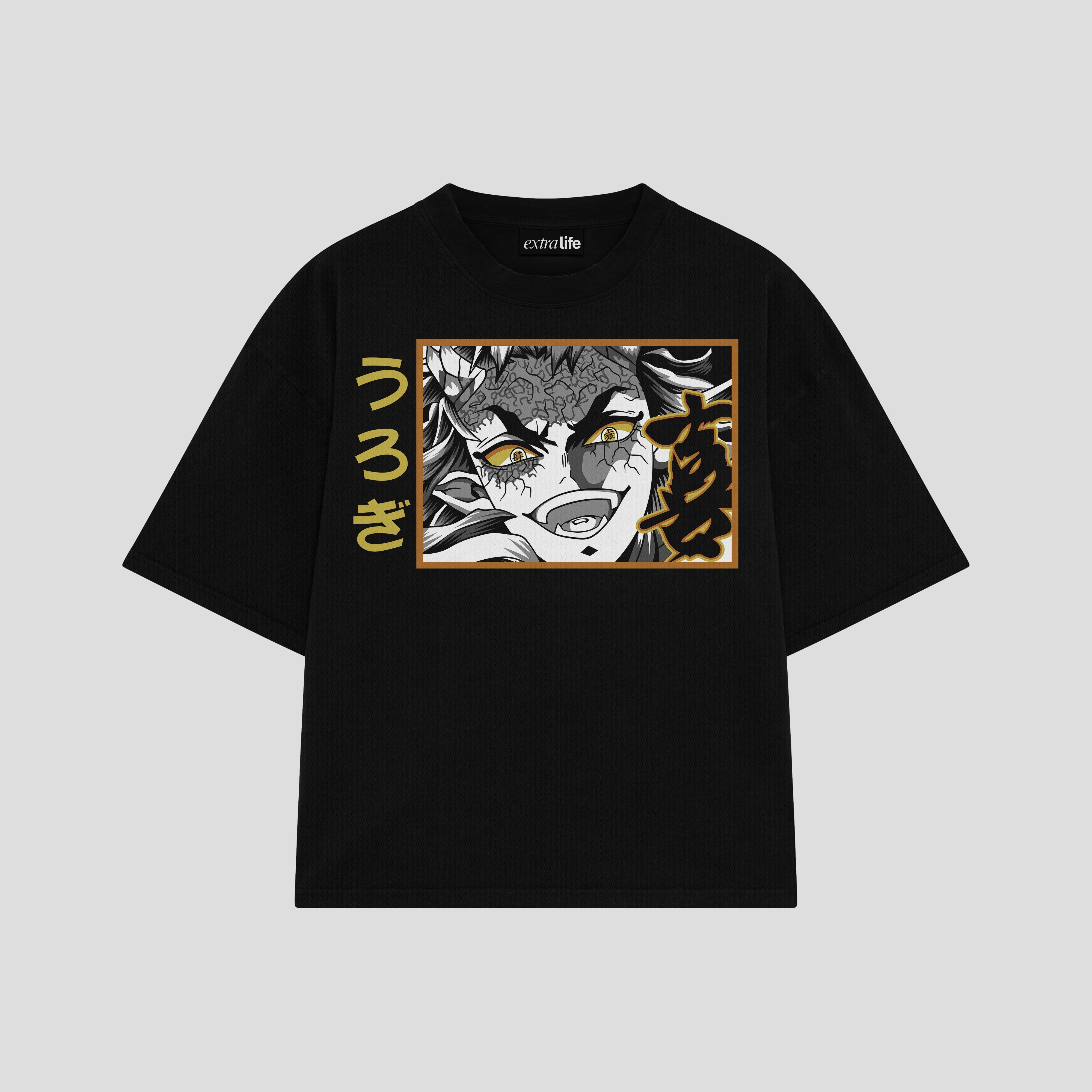 Playera streetwear premium de anime y gaming ExtraLife MX, corte boxy oversized drop shoulder heavyweight en color Deep Black y Off-White, moda urbana mexicana de culto.