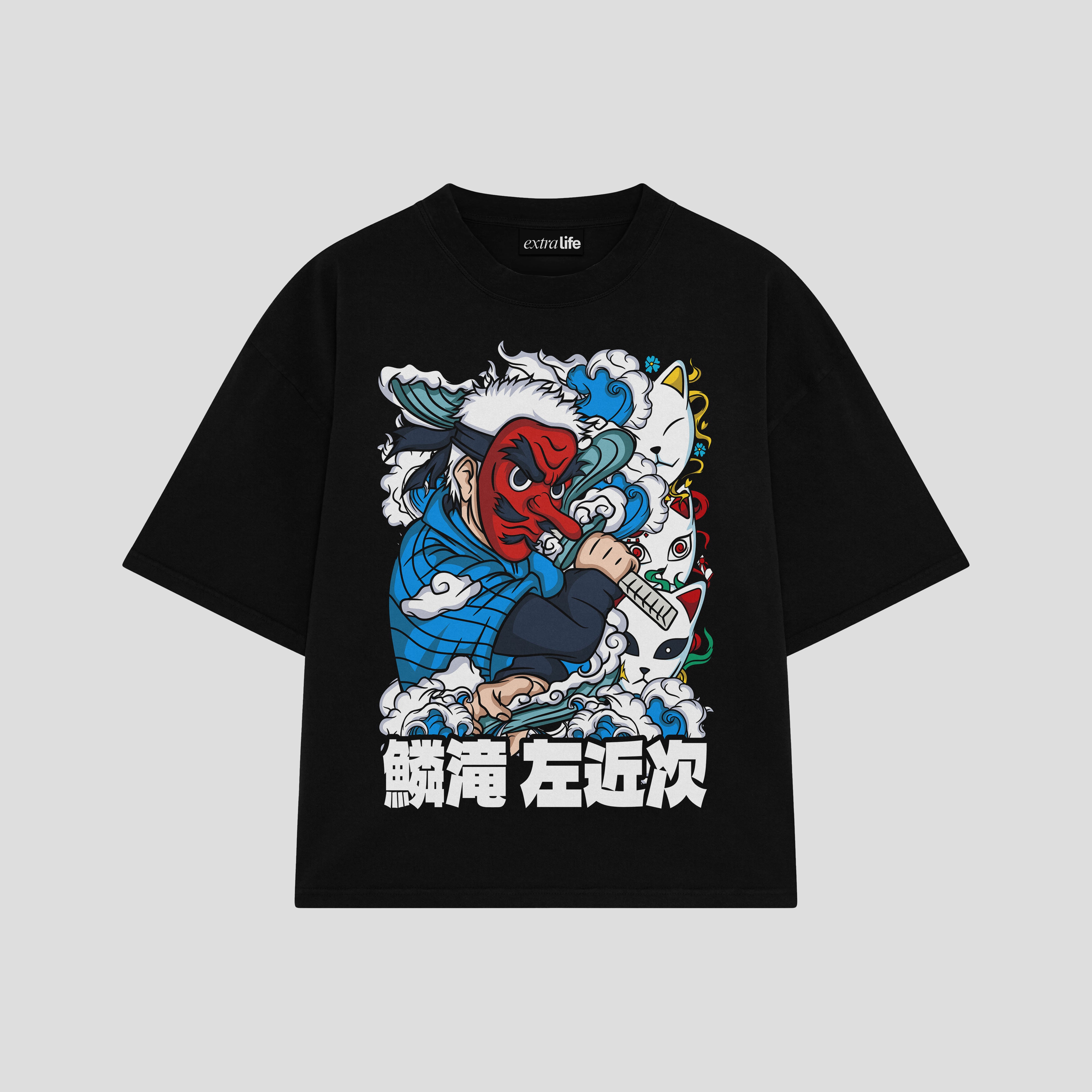 Playera streetwear premium de anime y gaming ExtraLife MX, corte boxy oversized drop shoulder heavyweight en color Deep Black y Off-White, moda urbana mexicana de culto.