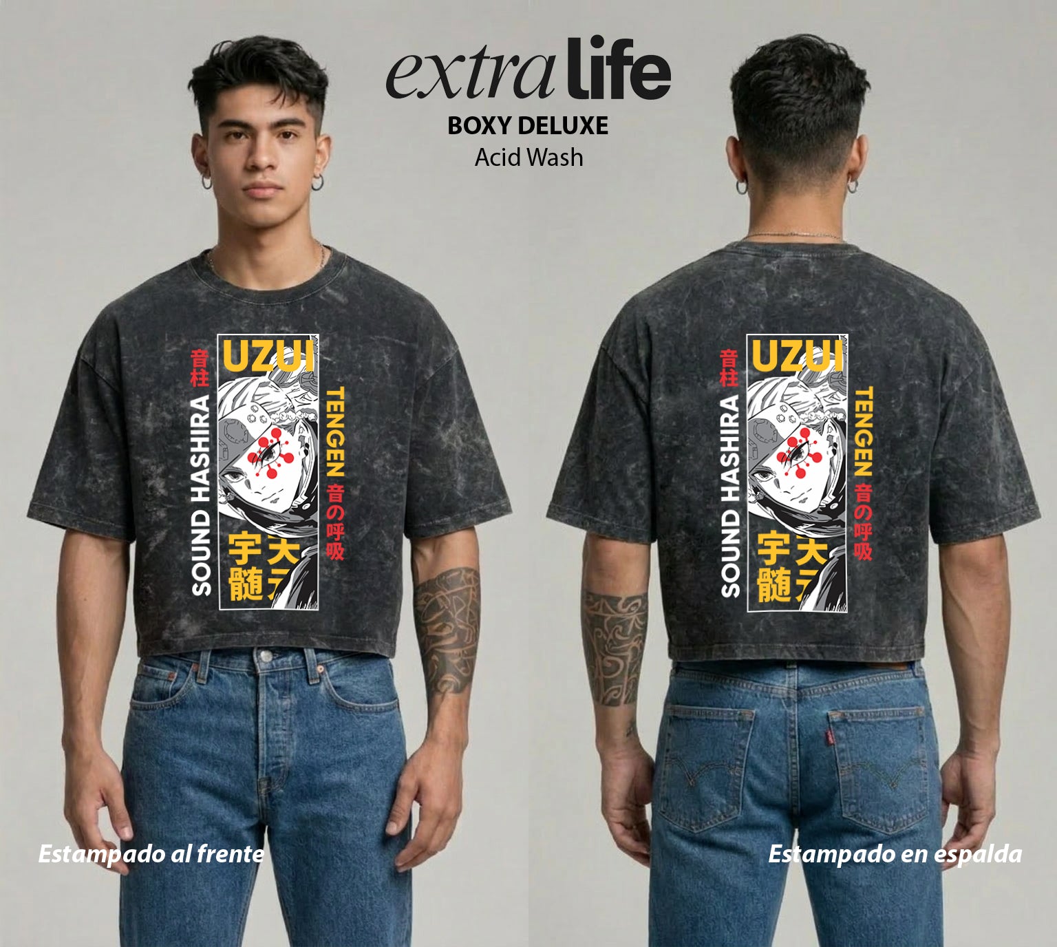 Playera streetwear premium de anime y gaming ExtraLife MX, corte boxy deluxe mineral wash heavyweight en color Acid Wash, moda urbana mexicana de culto.