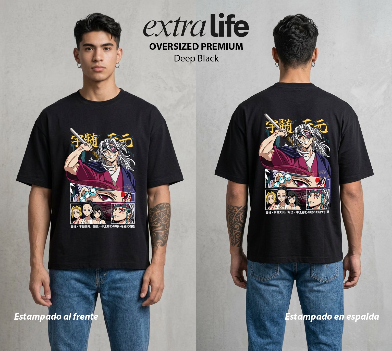 Cazadores de la Noche | Demon Slayer Uzui #01263 - Playera Oversized Premium | Deep Black - Foto en modelo