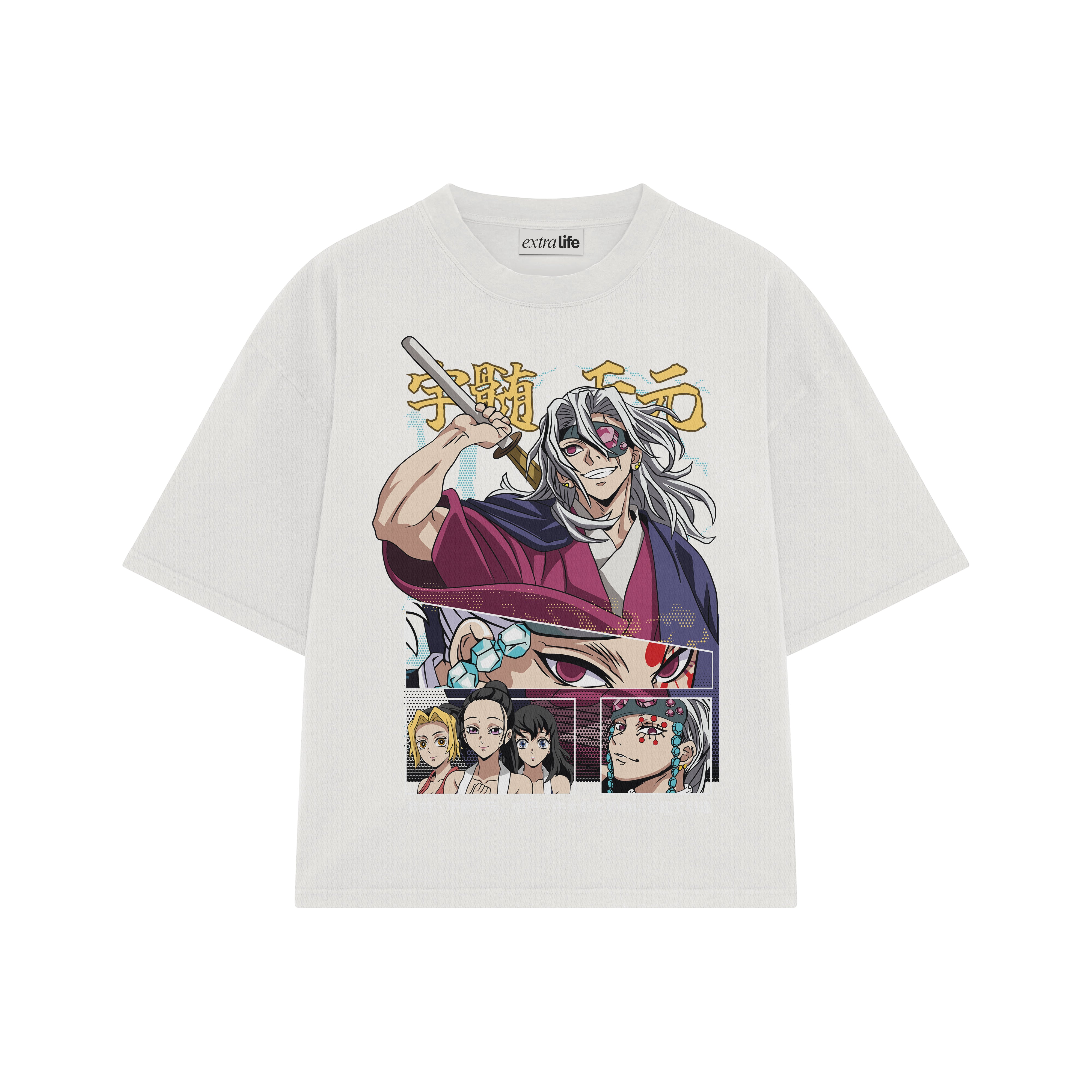 Playera streetwear premium de anime y gaming ExtraLife MX, corte boxy oversized drop shoulder heavyweight en color Deep Black y Off-White, moda urbana mexicana de culto.