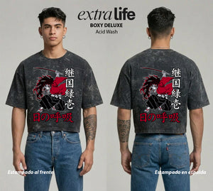 Playera streetwear premium de anime y gaming ExtraLife MX, corte boxy deluxe mineral wash heavyweight en color Acid Wash, moda urbana mexicana de culto.