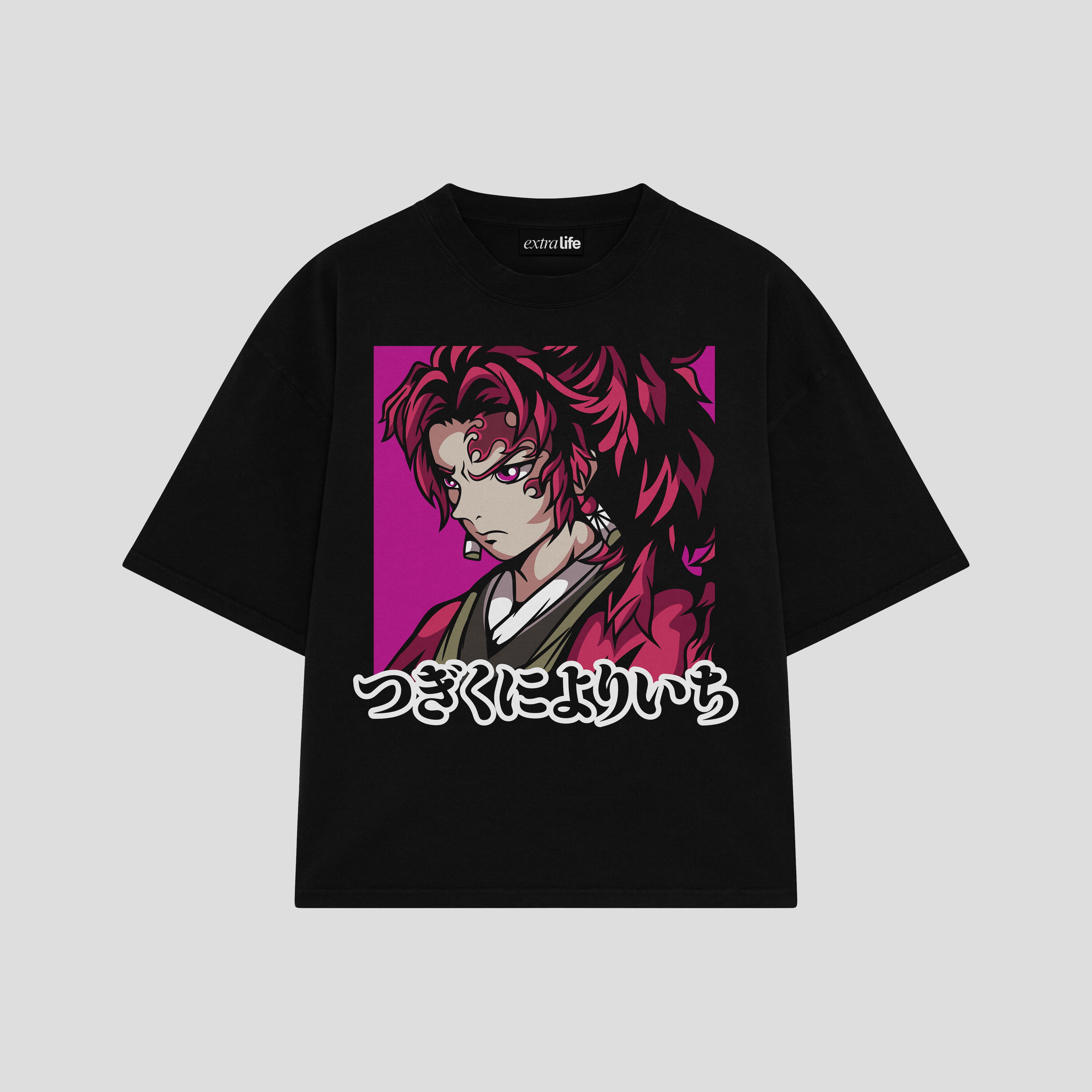 Playera streetwear premium de anime y gaming ExtraLife MX, corte boxy oversized drop shoulder heavyweight en color Deep Black y Off-White, moda urbana mexicana de culto.