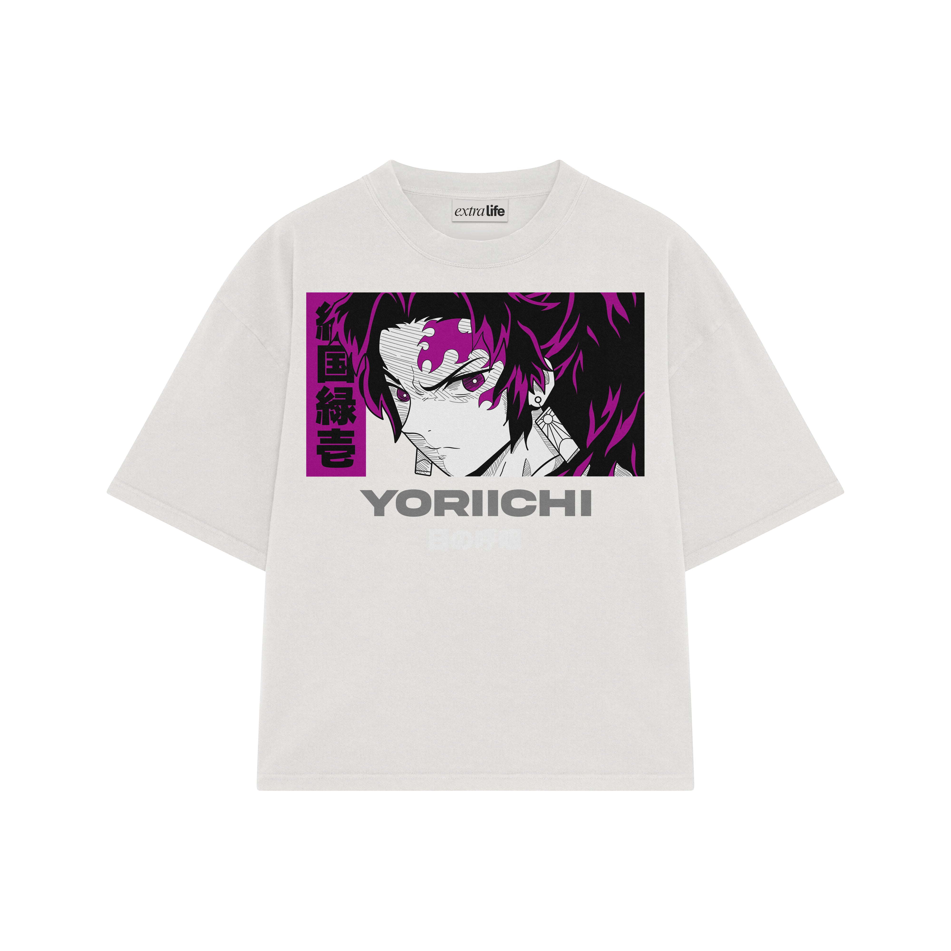 Playera streetwear premium de anime y gaming ExtraLife MX, corte boxy oversized drop shoulder heavyweight en color Deep Black y Off-White, moda urbana mexicana de culto.