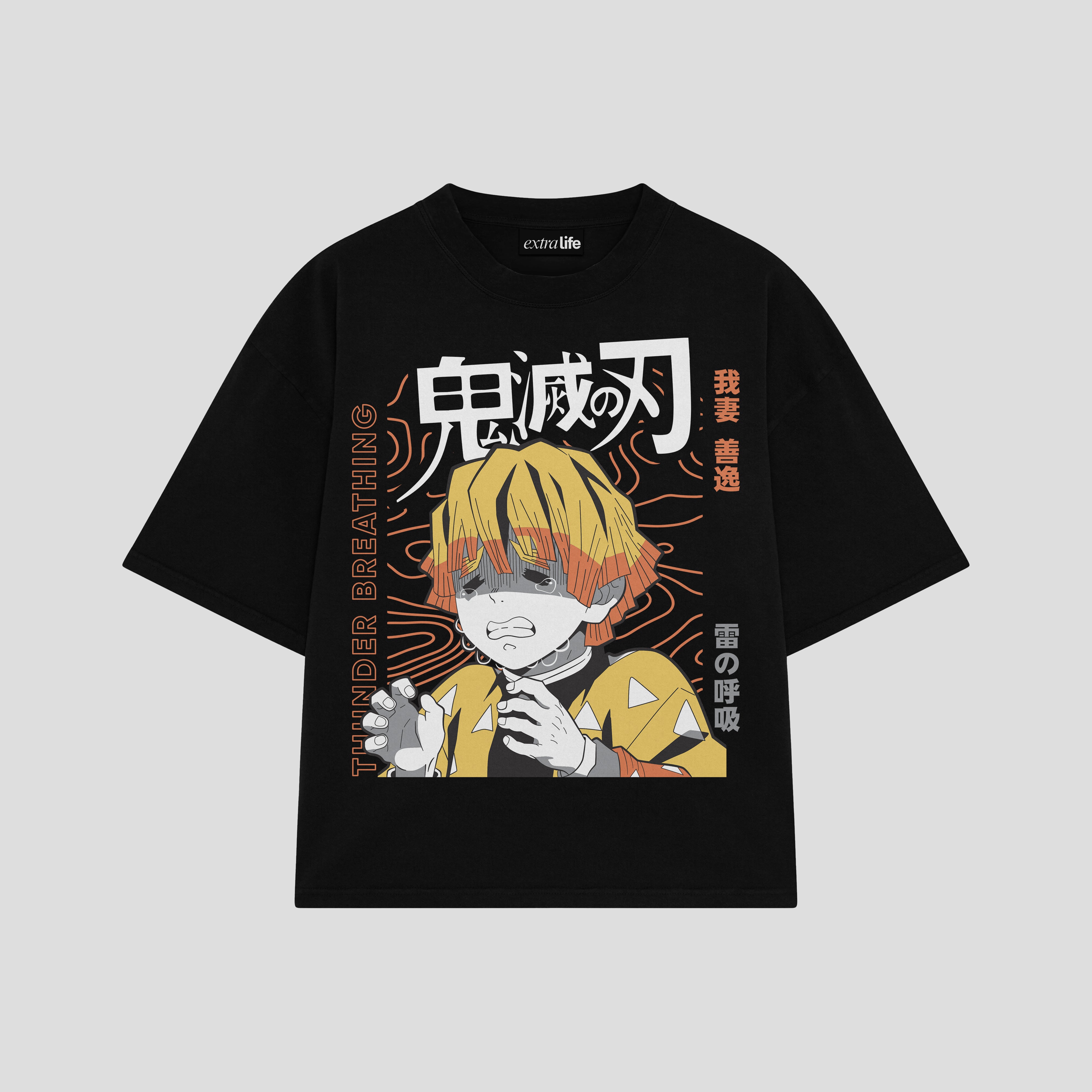 Playera streetwear premium de anime y gaming ExtraLife MX, corte boxy oversized drop shoulder heavyweight en color Deep Black y Off-White, moda urbana mexicana de culto.