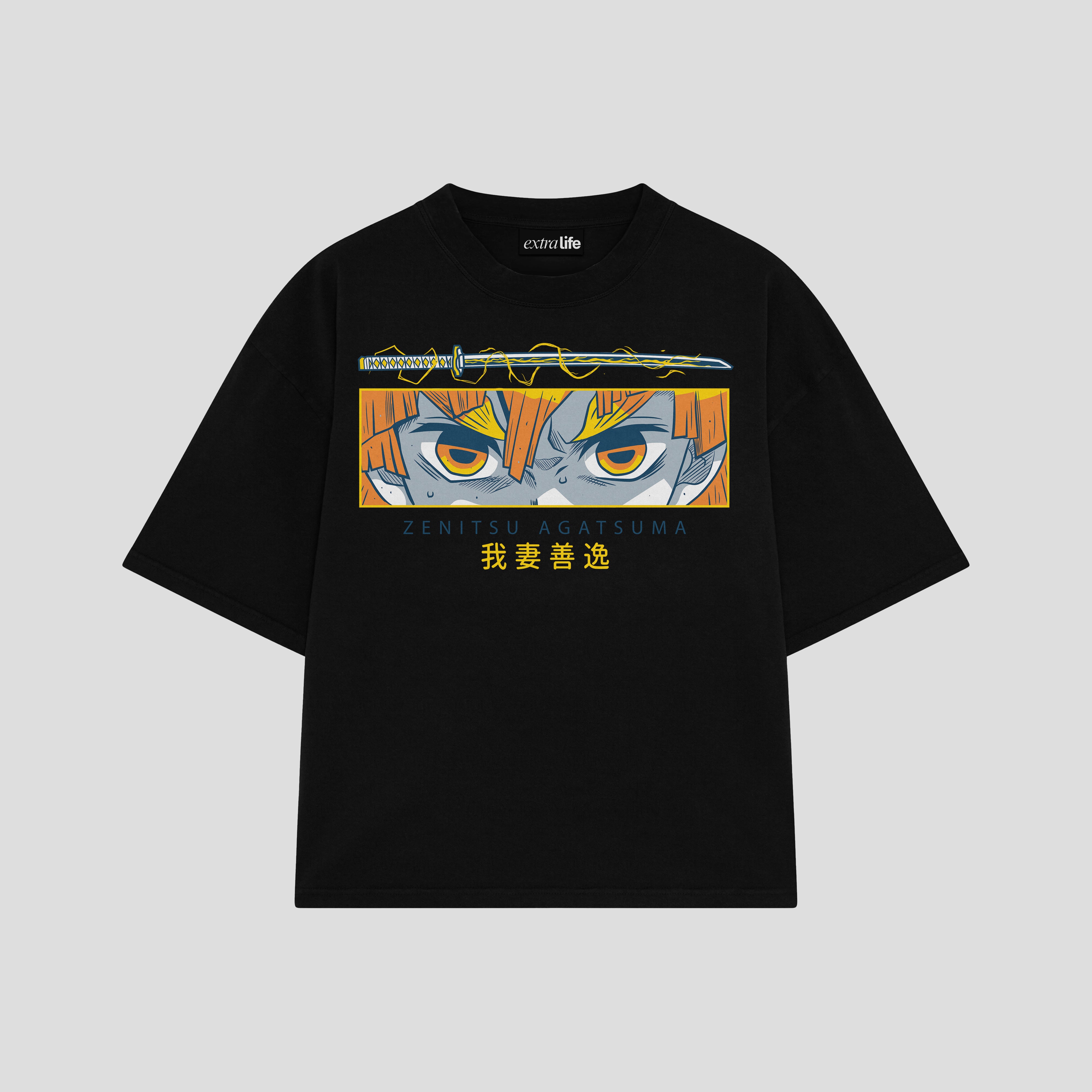 Playera streetwear premium de anime y gaming ExtraLife MX, corte boxy oversized drop shoulder heavyweight en color Deep Black y Off-White, moda urbana mexicana de culto.