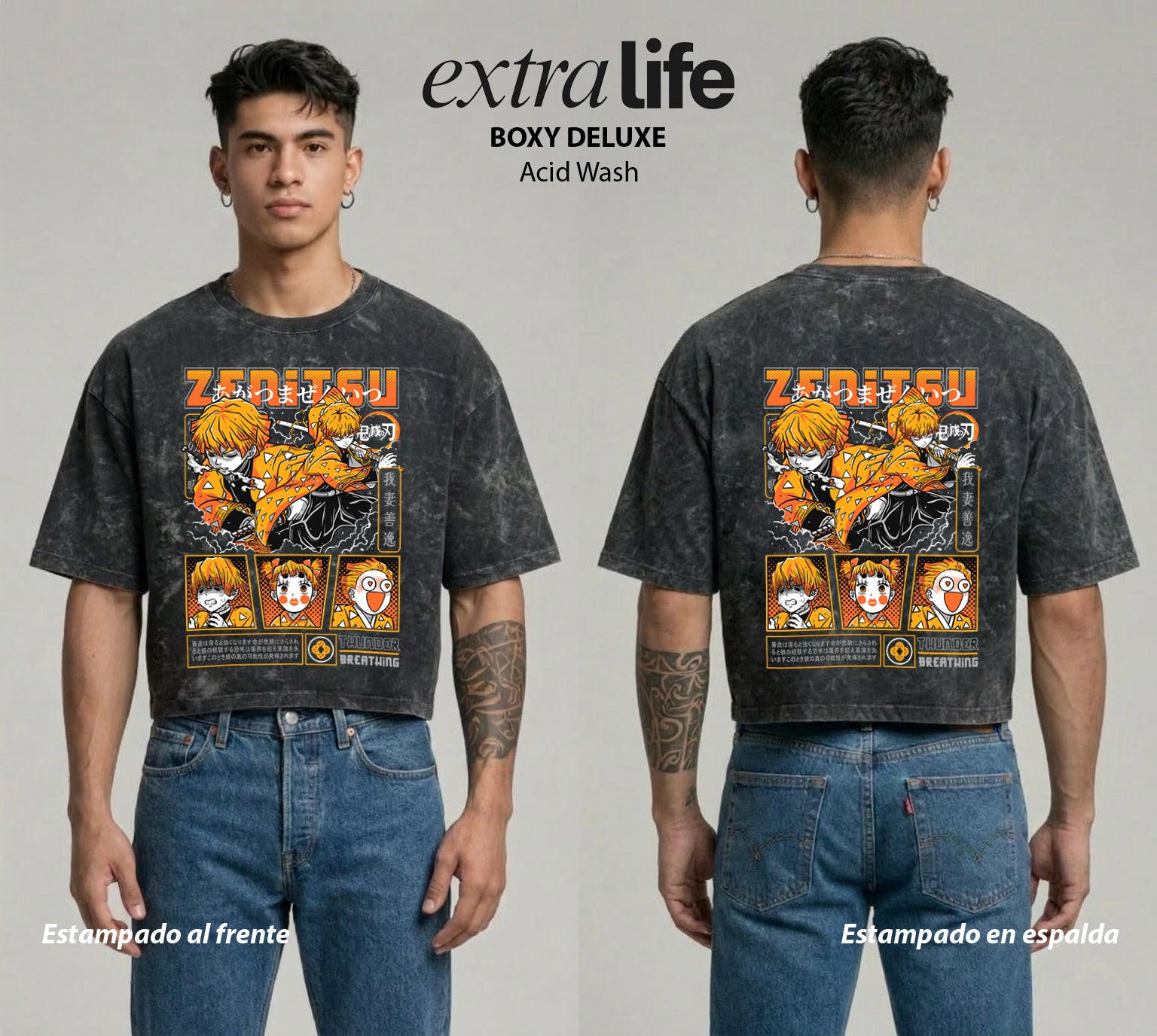Playera streetwear premium de anime y gaming ExtraLife MX, corte boxy deluxe mineral wash heavyweight en color Acid Wash, moda urbana mexicana de culto.