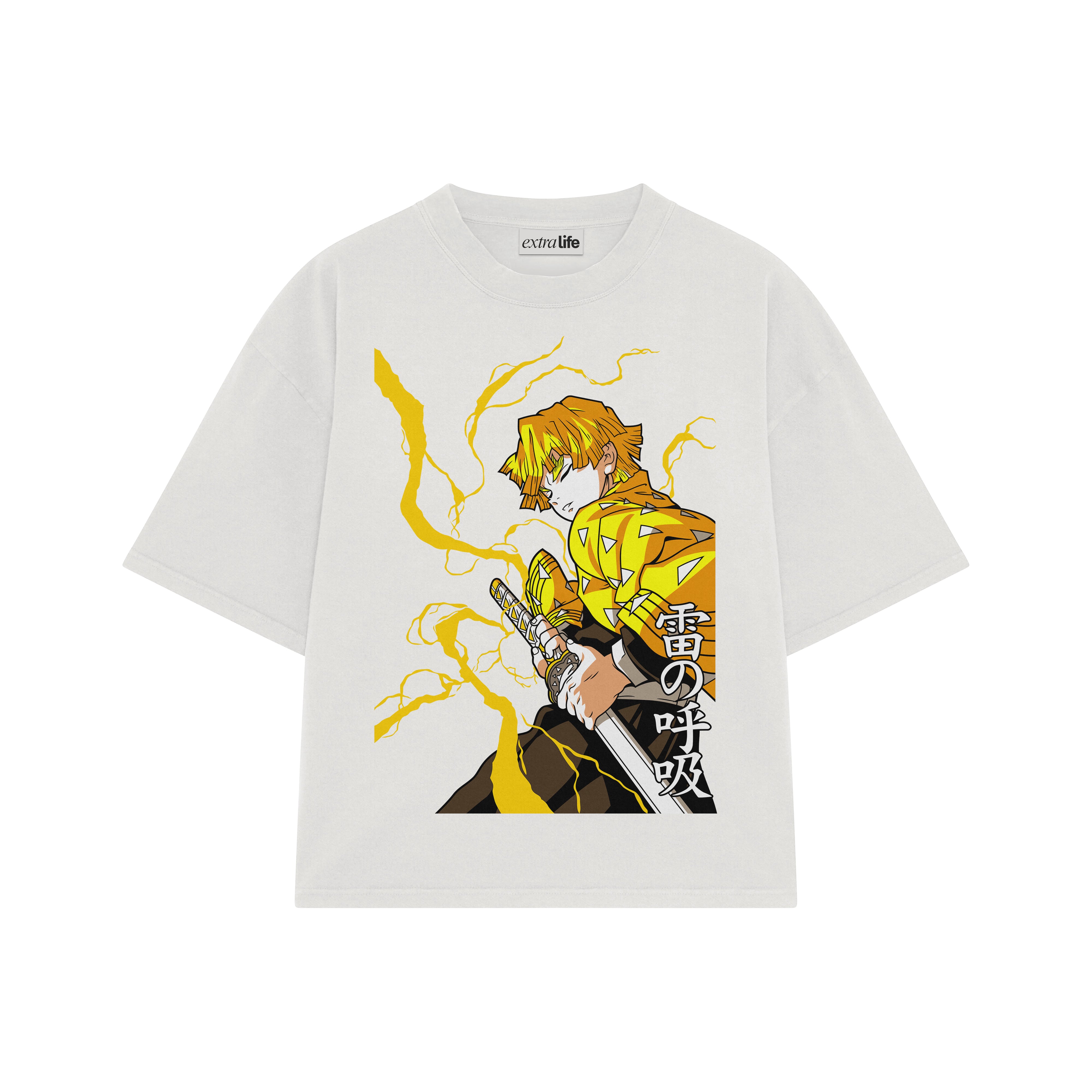 Playera streetwear premium de anime y gaming ExtraLife MX, corte boxy oversized drop shoulder heavyweight en color Deep Black y Off-White, moda urbana mexicana de culto.