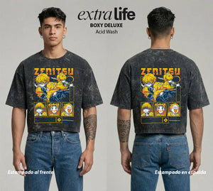 Playera streetwear premium de anime y gaming ExtraLife MX, corte boxy deluxe mineral wash heavyweight en color Acid Wash, moda urbana mexicana de culto.