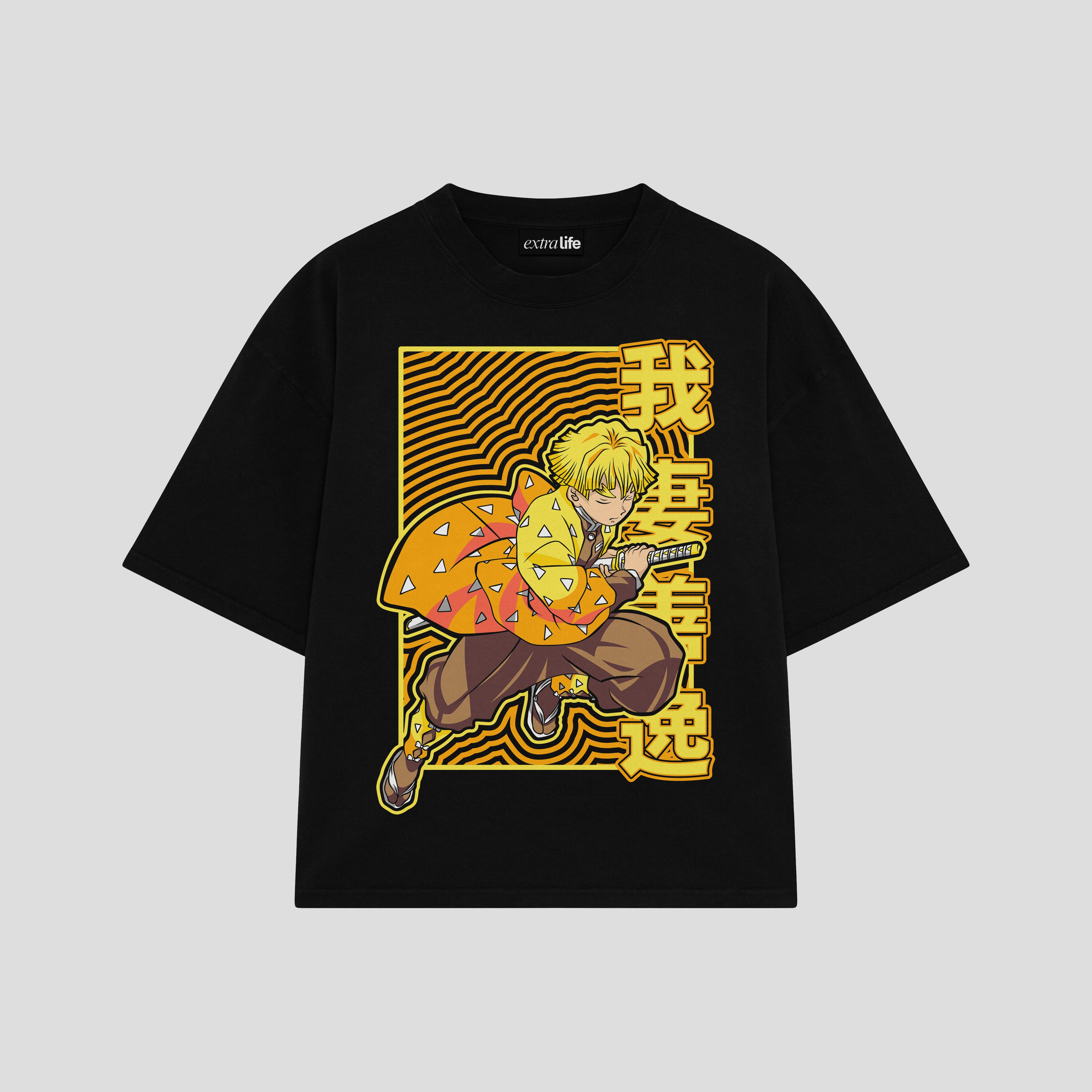 Playera streetwear premium de anime y gaming ExtraLife MX, corte boxy oversized drop shoulder heavyweight en color Deep Black y Off-White, moda urbana mexicana de culto.