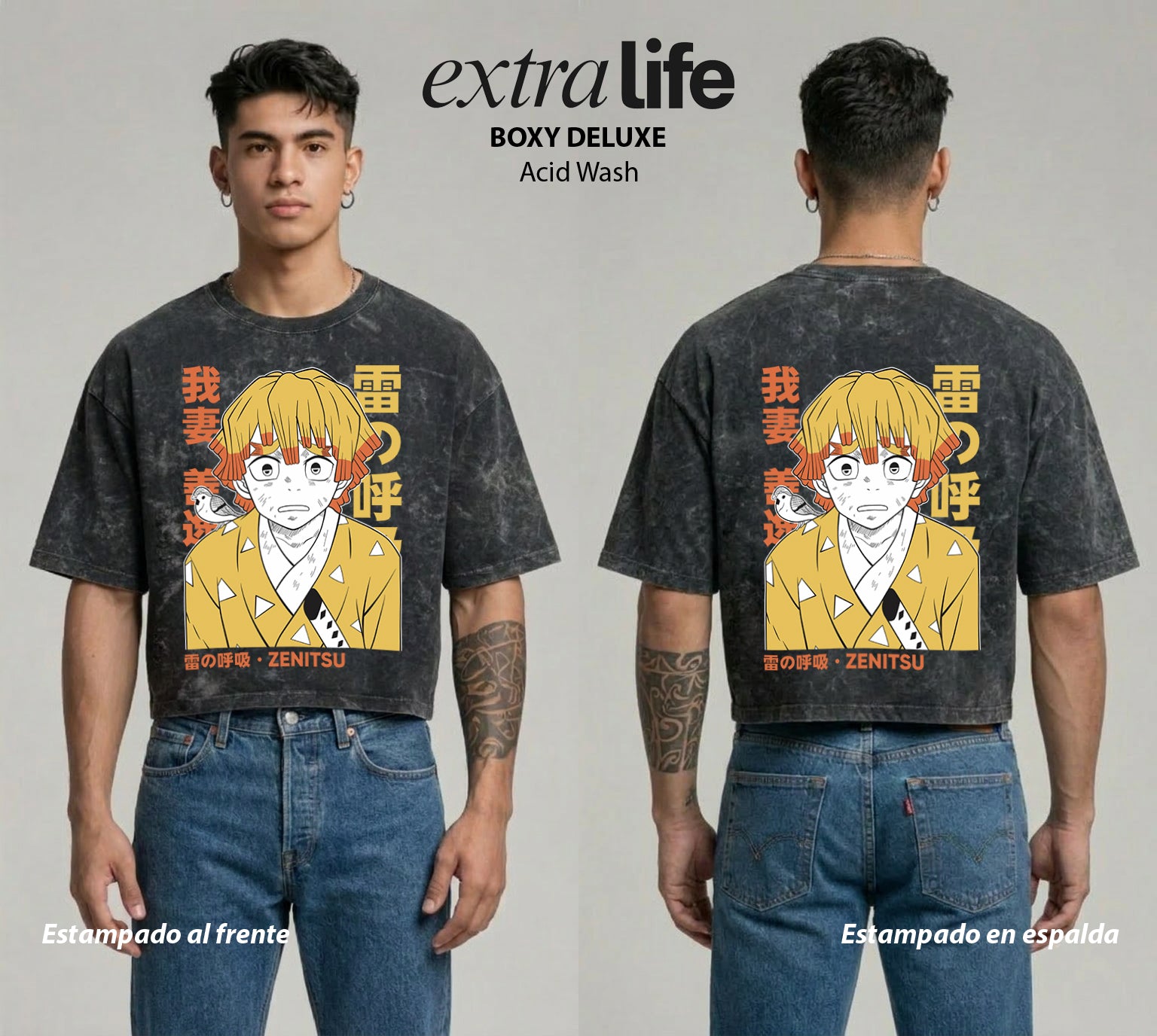 Playera streetwear premium de anime y gaming ExtraLife MX, corte boxy deluxe mineral wash heavyweight en color Acid Wash, moda urbana mexicana de culto.