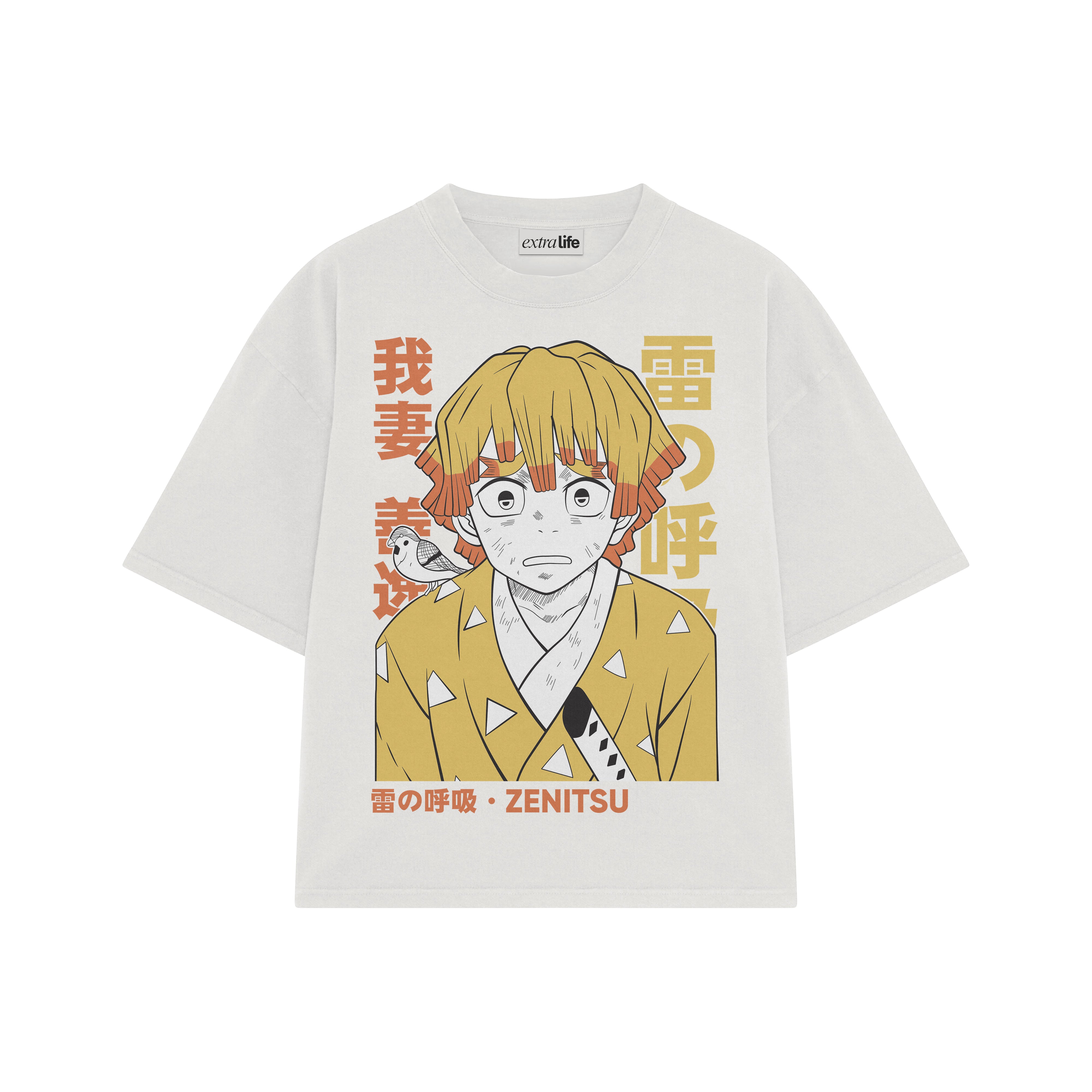 Playera streetwear premium de anime y gaming ExtraLife MX, corte boxy oversized drop shoulder heavyweight en color Deep Black y Off-White, moda urbana mexicana de culto.