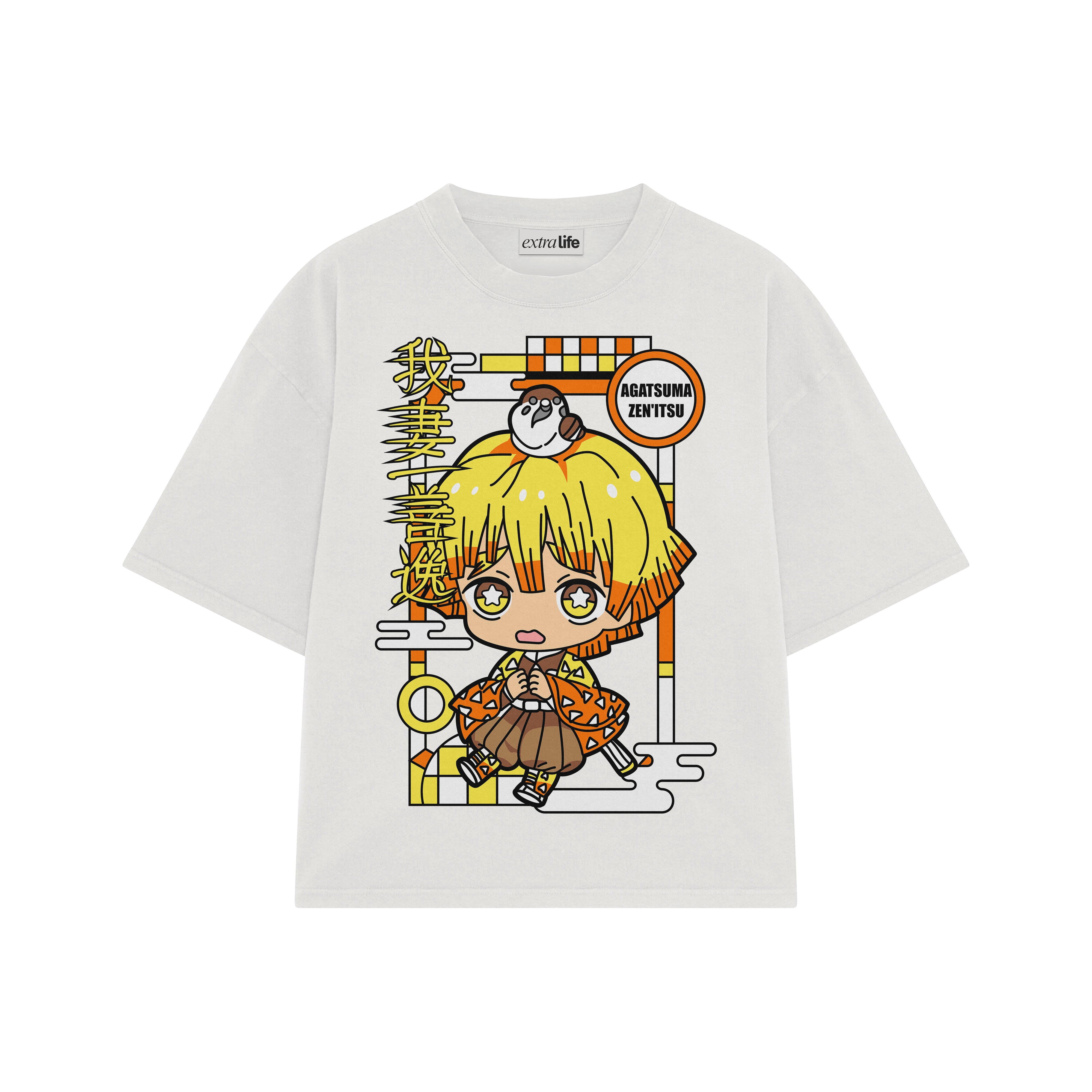 Playera streetwear premium de anime y gaming ExtraLife MX, corte boxy oversized drop shoulder heavyweight en color Deep Black y Off-White, moda urbana mexicana de culto.