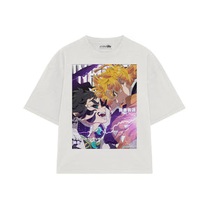 Playera streetwear premium de anime y gaming ExtraLife MX, corte boxy oversized drop shoulder heavyweight en color Deep Black y Off-White, moda urbana mexicana de culto.