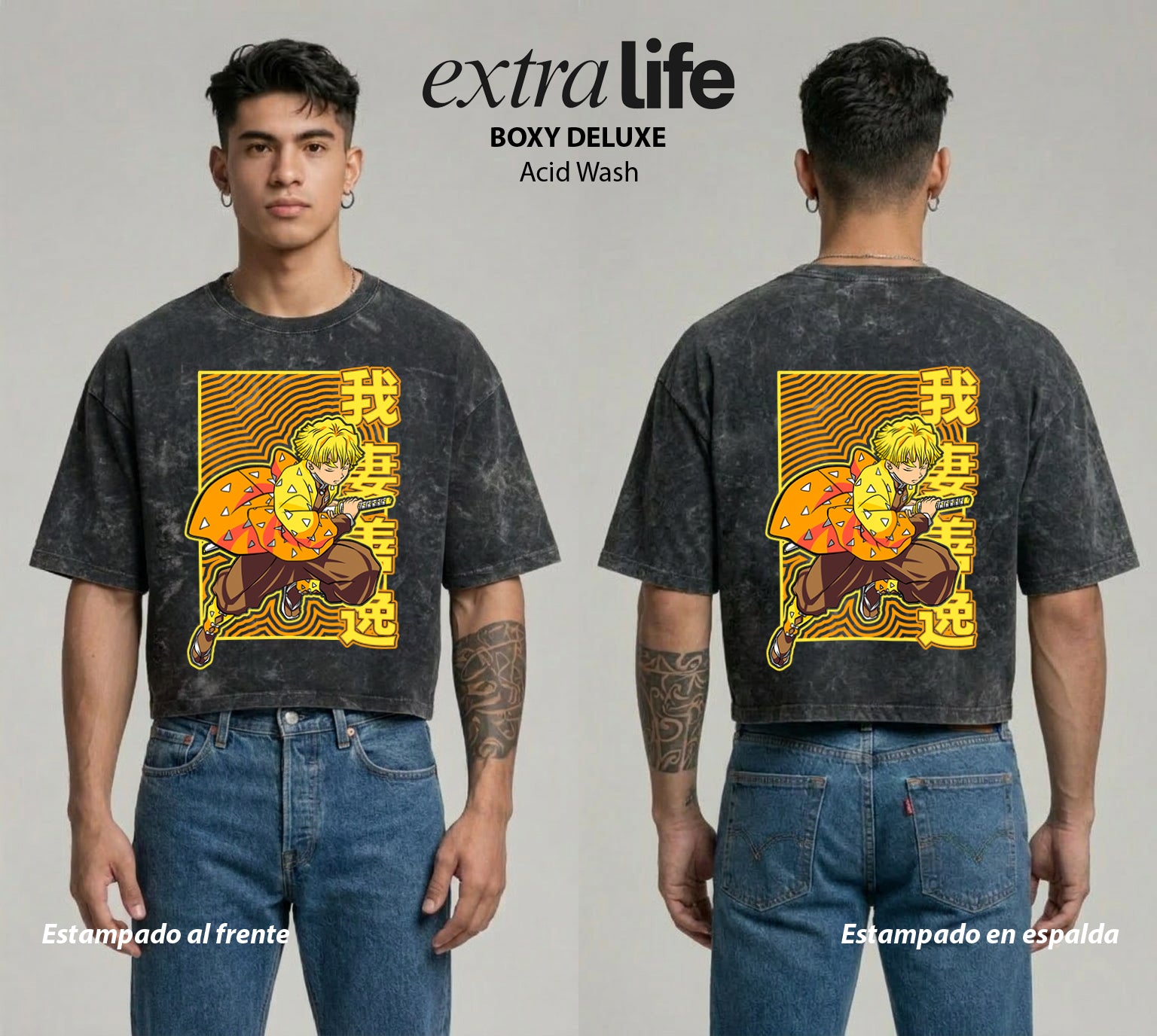 Playera streetwear premium de anime y gaming ExtraLife MX, corte boxy deluxe mineral wash heavyweight en color Acid Wash, moda urbana mexicana de culto.