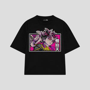 Playera streetwear premium de anime y gaming ExtraLife MX, corte boxy oversized drop shoulder heavyweight en color Deep Black y Off-White, moda urbana mexicana de culto.