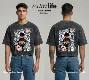 Playera streetwear premium de anime y gaming ExtraLife MX, corte boxy deluxe mineral wash heavyweight en color Acid Wash, moda urbana mexicana de culto.