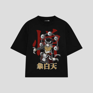 Playera streetwear premium de anime y gaming ExtraLife MX, corte boxy oversized drop shoulder heavyweight en color Deep Black y Off-White, moda urbana mexicana de culto.