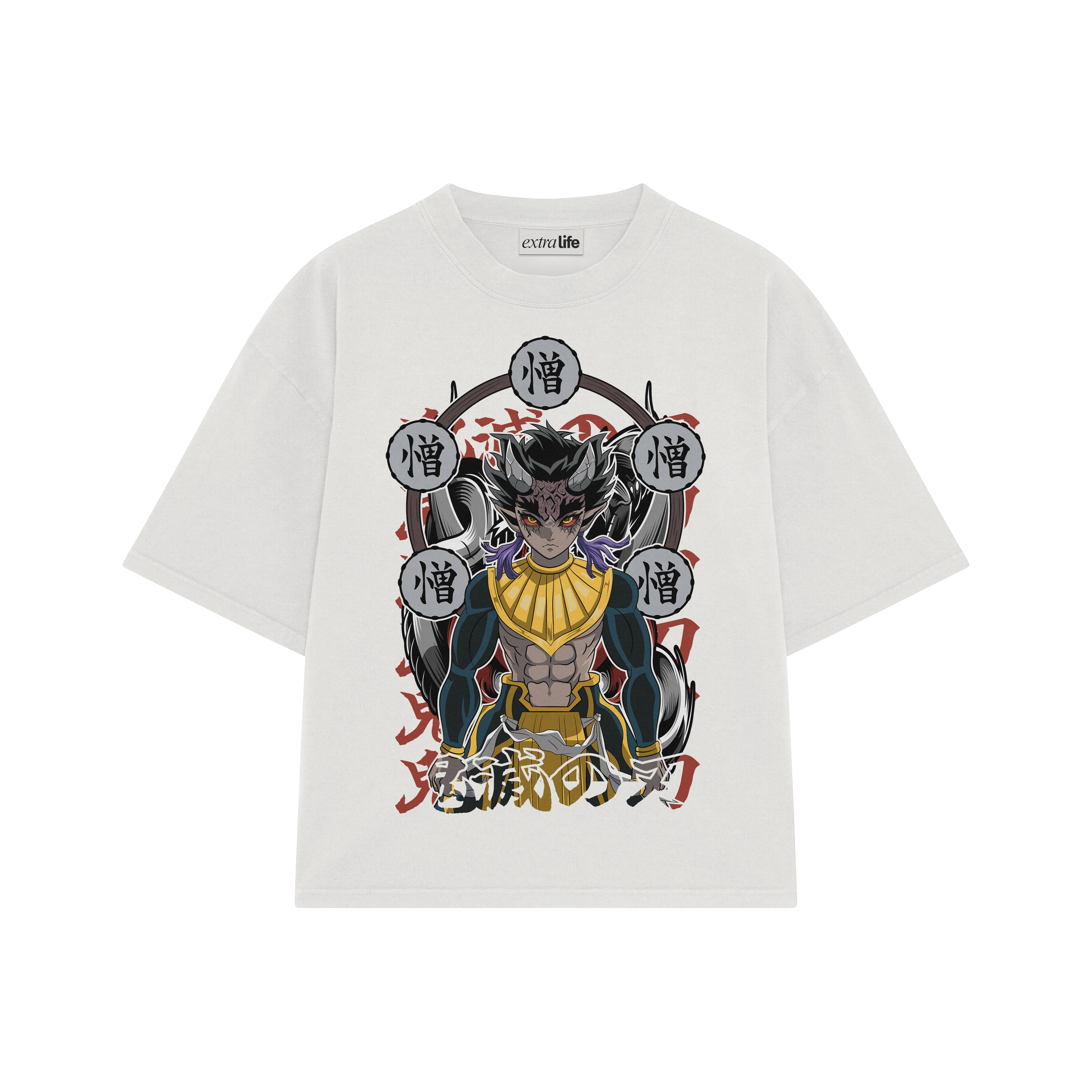 Playera streetwear premium de anime y gaming ExtraLife MX, corte boxy oversized drop shoulder heavyweight en color Deep Black y Off-White, moda urbana mexicana de culto.