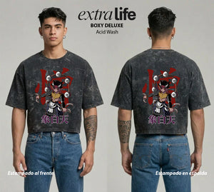 Playera streetwear premium de anime y gaming ExtraLife MX, corte boxy deluxe mineral wash heavyweight en color Acid Wash, moda urbana mexicana de culto.