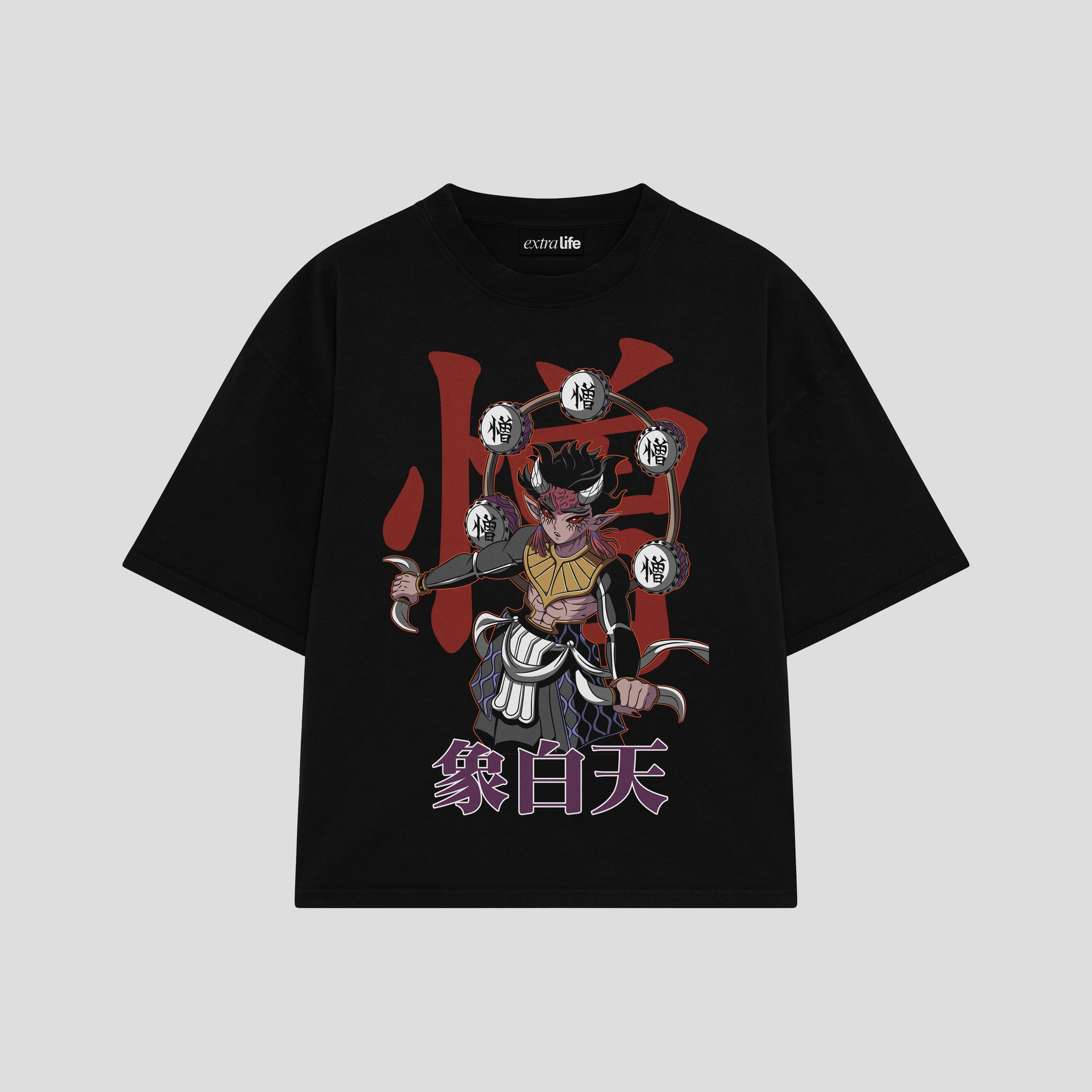 Playera streetwear premium de anime y gaming ExtraLife MX, corte boxy oversized drop shoulder heavyweight en color Deep Black y Off-White, moda urbana mexicana de culto.