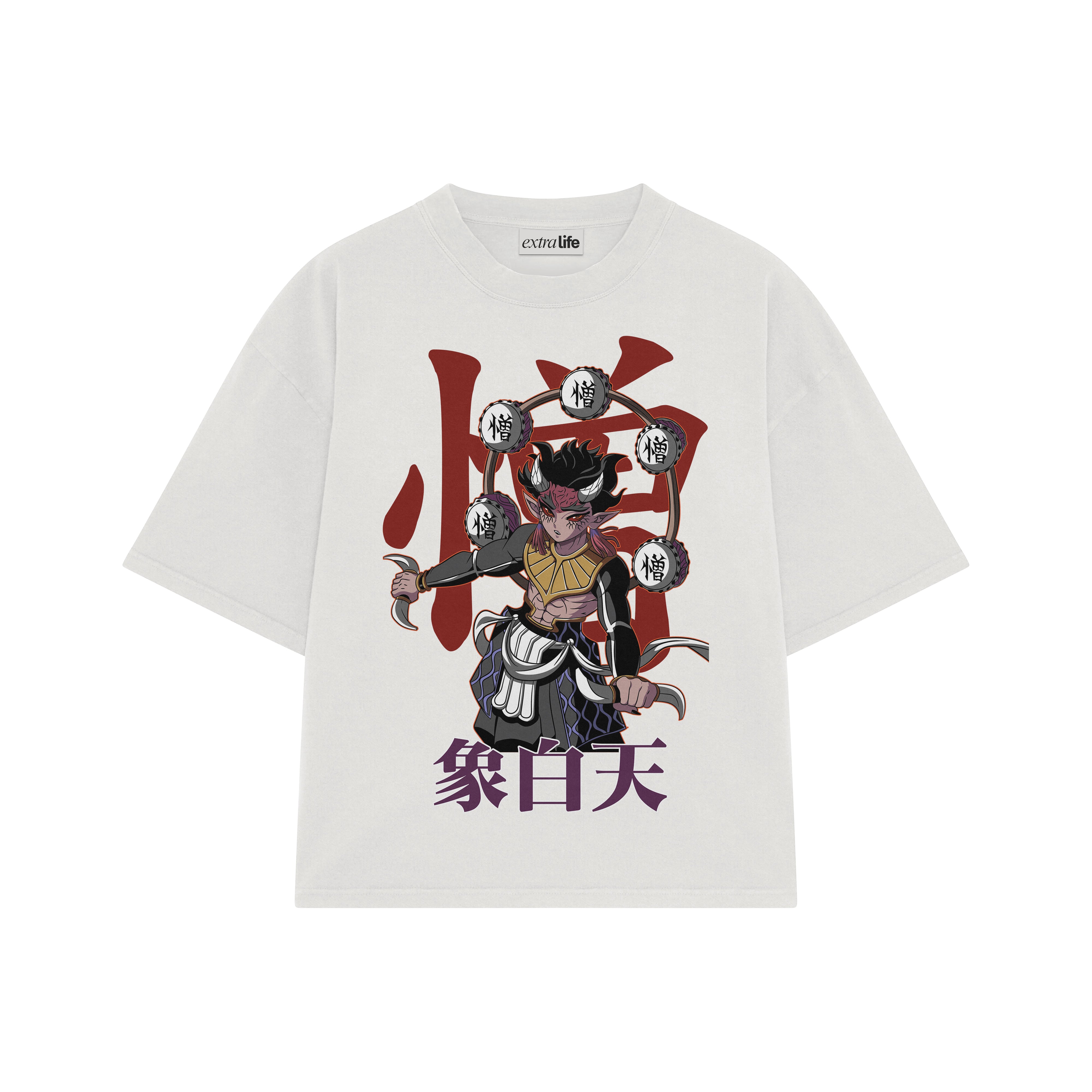 Playera streetwear premium de anime y gaming ExtraLife MX, corte boxy oversized drop shoulder heavyweight en color Deep Black y Off-White, moda urbana mexicana de culto.