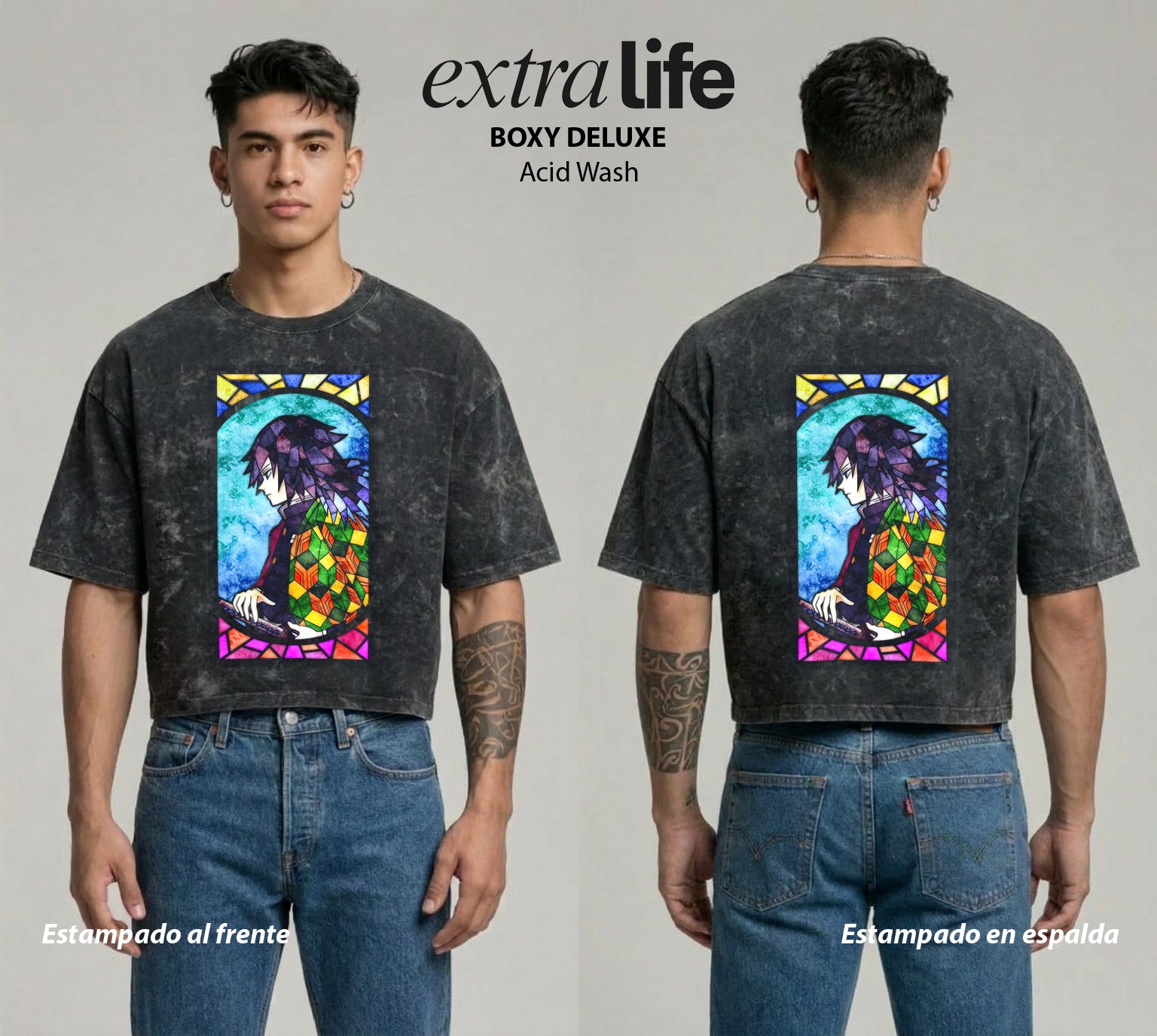 Playera streetwear premium de anime y gaming ExtraLife MX, corte boxy deluxe mineral wash heavyweight en color Acid Wash, moda urbana mexicana de culto.