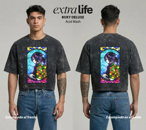 Playera streetwear premium de anime y gaming ExtraLife MX, corte boxy deluxe mineral wash heavyweight en color Acid Wash, moda urbana mexicana de culto.