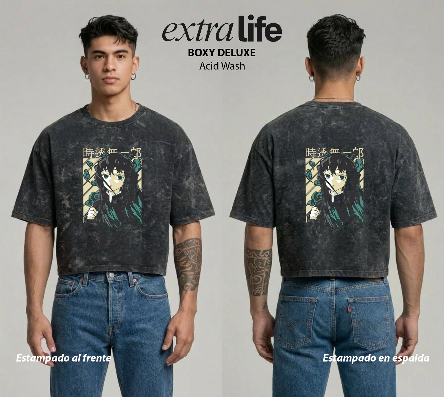 Playera streetwear premium de anime y gaming ExtraLife MX, corte boxy deluxe mineral wash heavyweight en color Acid Wash, moda urbana mexicana de culto.