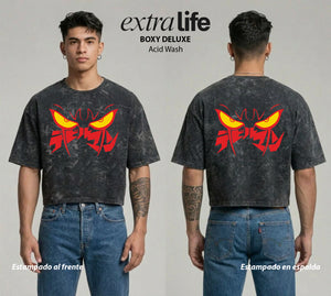Playera streetwear premium de anime y gaming ExtraLife MX, corte boxy deluxe mineral wash heavyweight en color Acid Wash, moda urbana mexicana de culto.