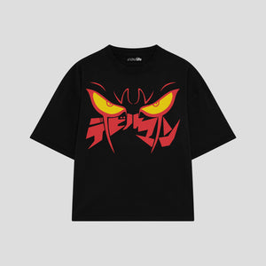Playera streetwear premium de anime y gaming ExtraLife MX, corte boxy oversized drop shoulder heavyweight en color Deep Black y Off-White, moda urbana mexicana de culto.