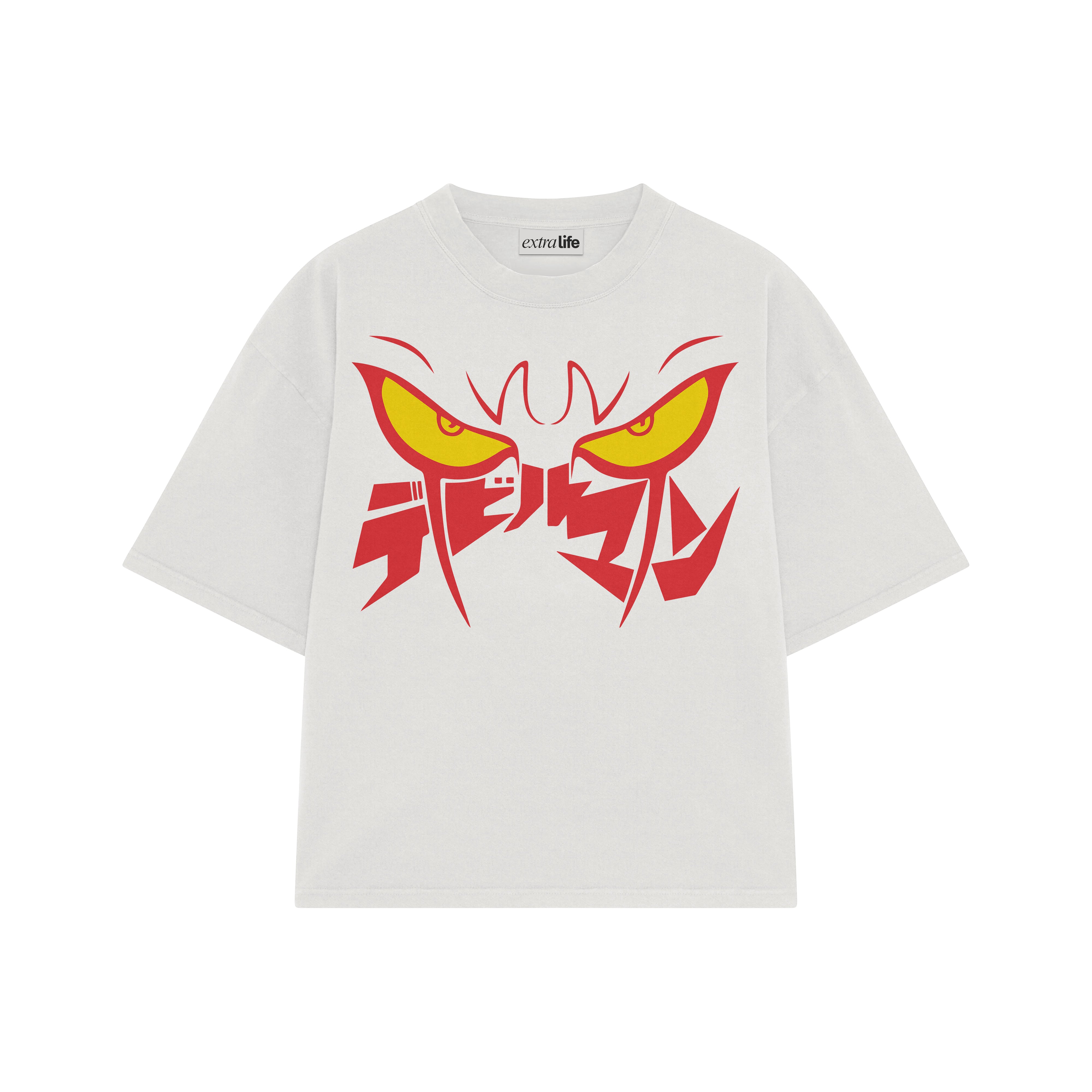 Playera streetwear premium de anime y gaming ExtraLife MX, corte boxy oversized drop shoulder heavyweight en color Deep Black y Off-White, moda urbana mexicana de culto.