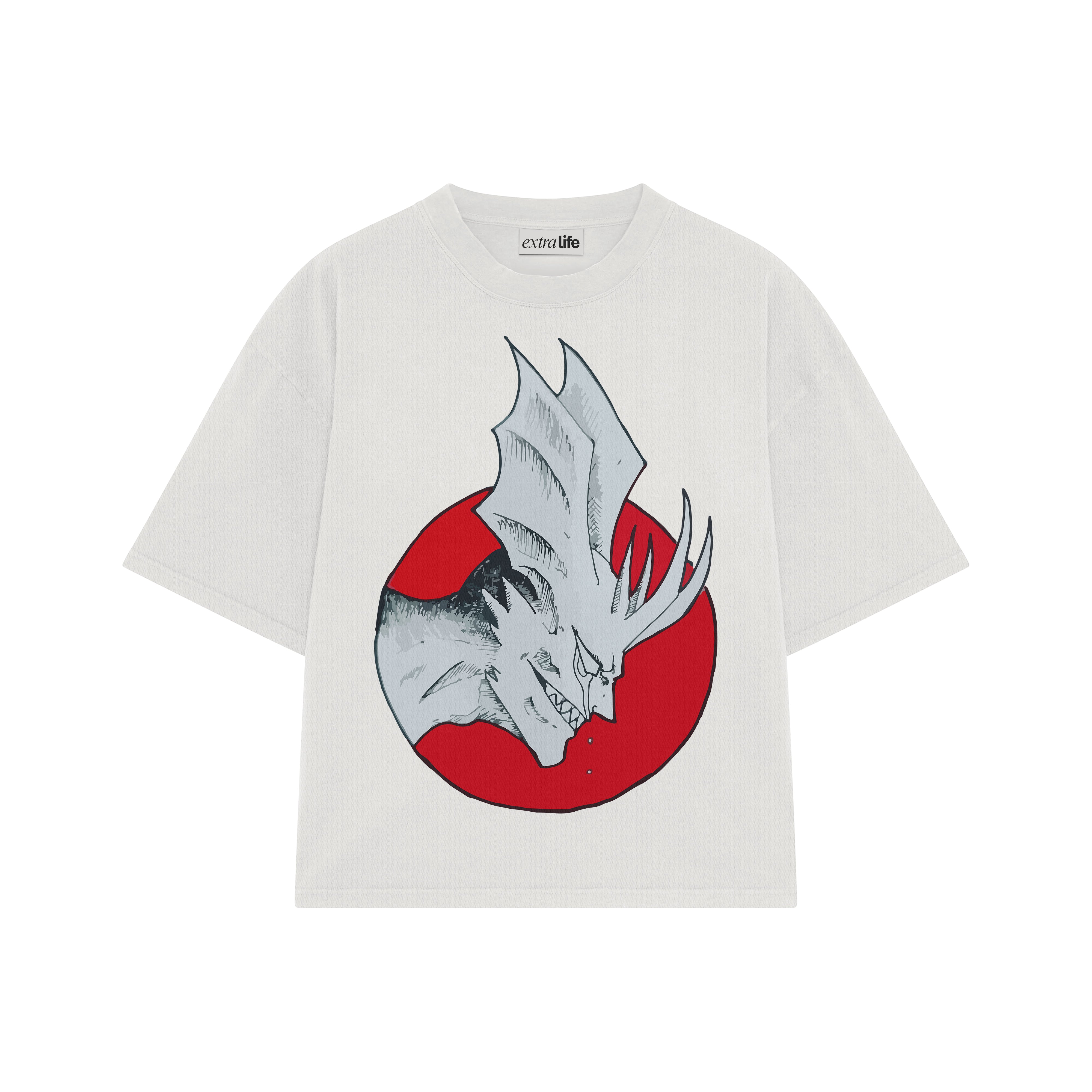Playera streetwear premium de anime y gaming ExtraLife MX, corte boxy oversized drop shoulder heavyweight en color Deep Black y Off-White, moda urbana mexicana de culto.