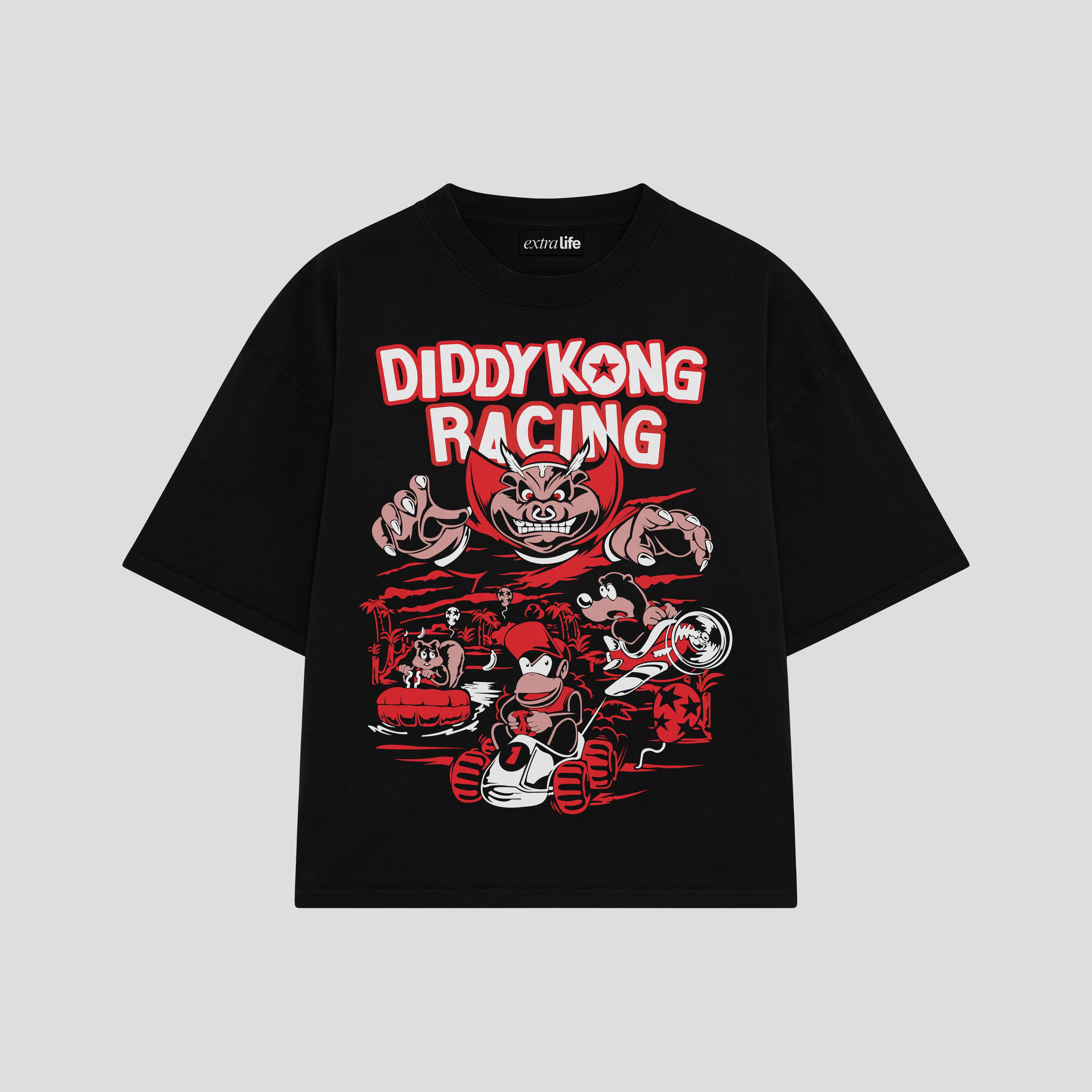 Playera streetwear premium de anime y gaming ExtraLife MX, corte boxy oversized drop shoulder heavyweight en color Deep Black y Off-White, moda urbana mexicana de culto.