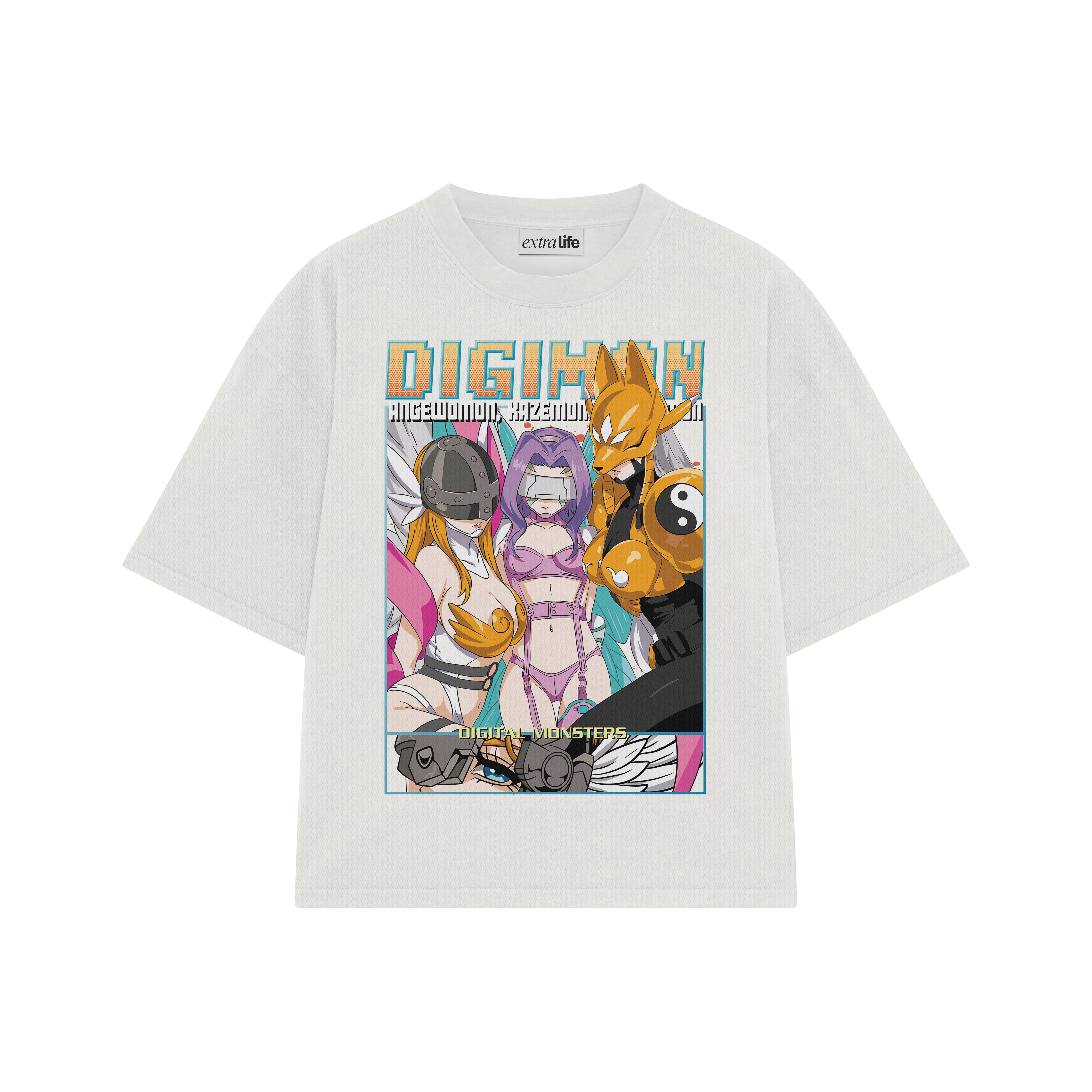 Playera streetwear premium de anime y gaming ExtraLife MX, corte boxy oversized drop shoulder heavyweight en color Deep Black y Off-White, moda urbana mexicana de culto.