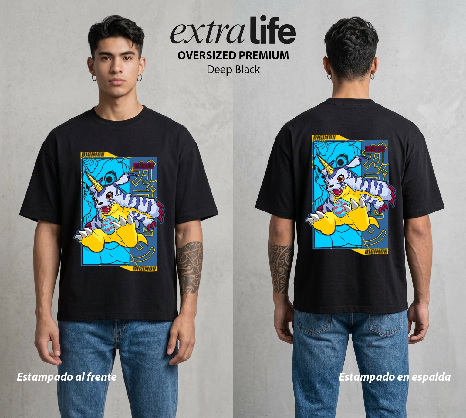 El Mundo Digital | Digimon Gabumon #01306 - Playera Oversized Premium | Deep Black - Foto en modelo