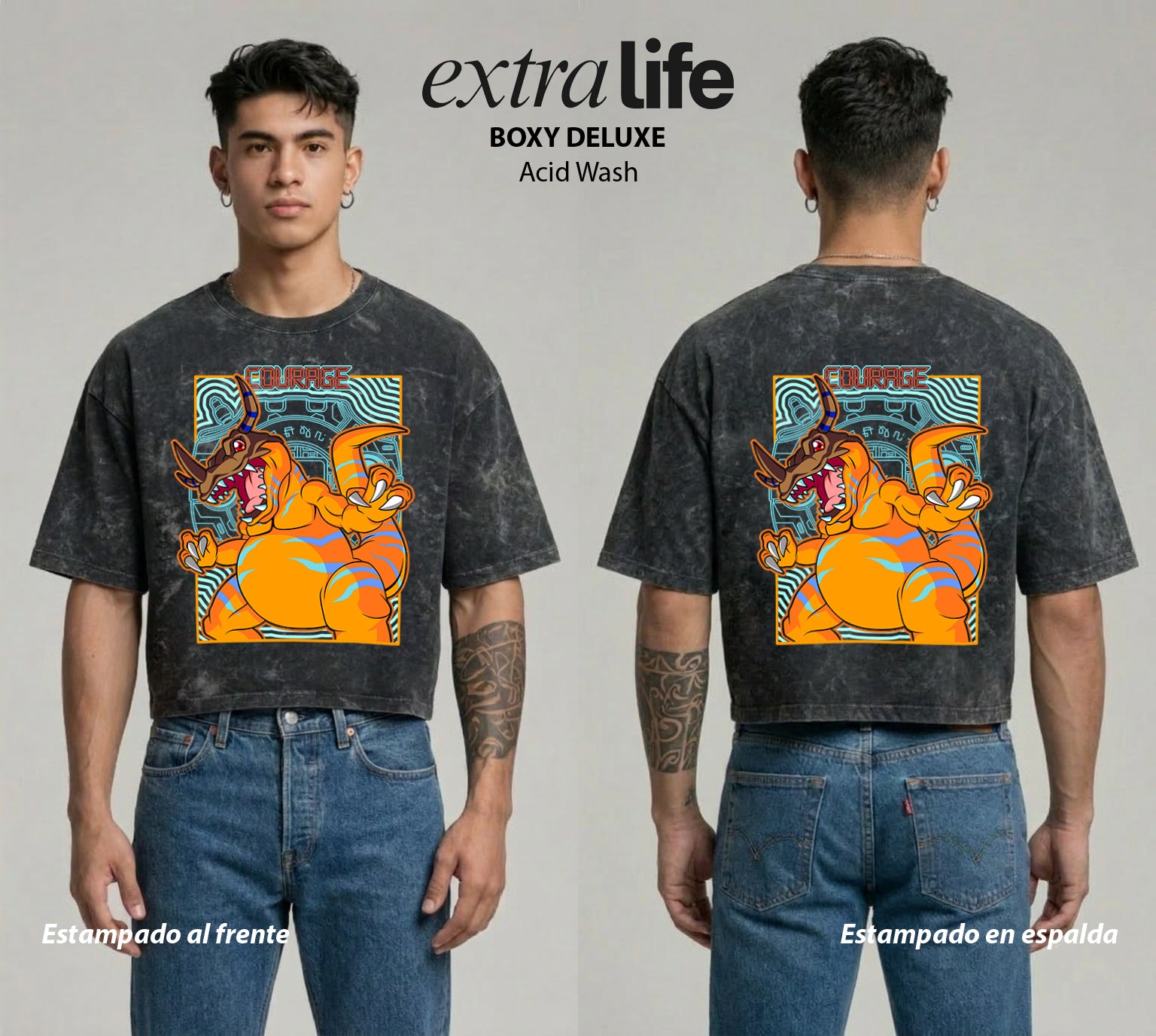 Playera streetwear premium de anime y gaming ExtraLife MX, corte boxy deluxe mineral wash heavyweight en color Acid Wash, moda urbana mexicana de culto.