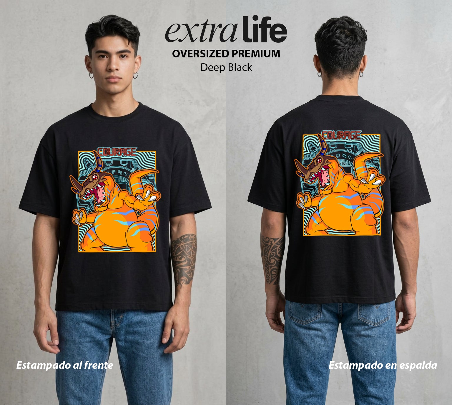 El Mundo Digital | Digimon Greymon #01308 - Playera Oversized Premium | Deep Black - Foto en modelo