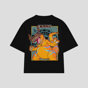 Playera streetwear premium de anime y gaming ExtraLife MX, corte boxy oversized drop shoulder heavyweight en color Deep Black y Off-White, moda urbana mexicana de culto.