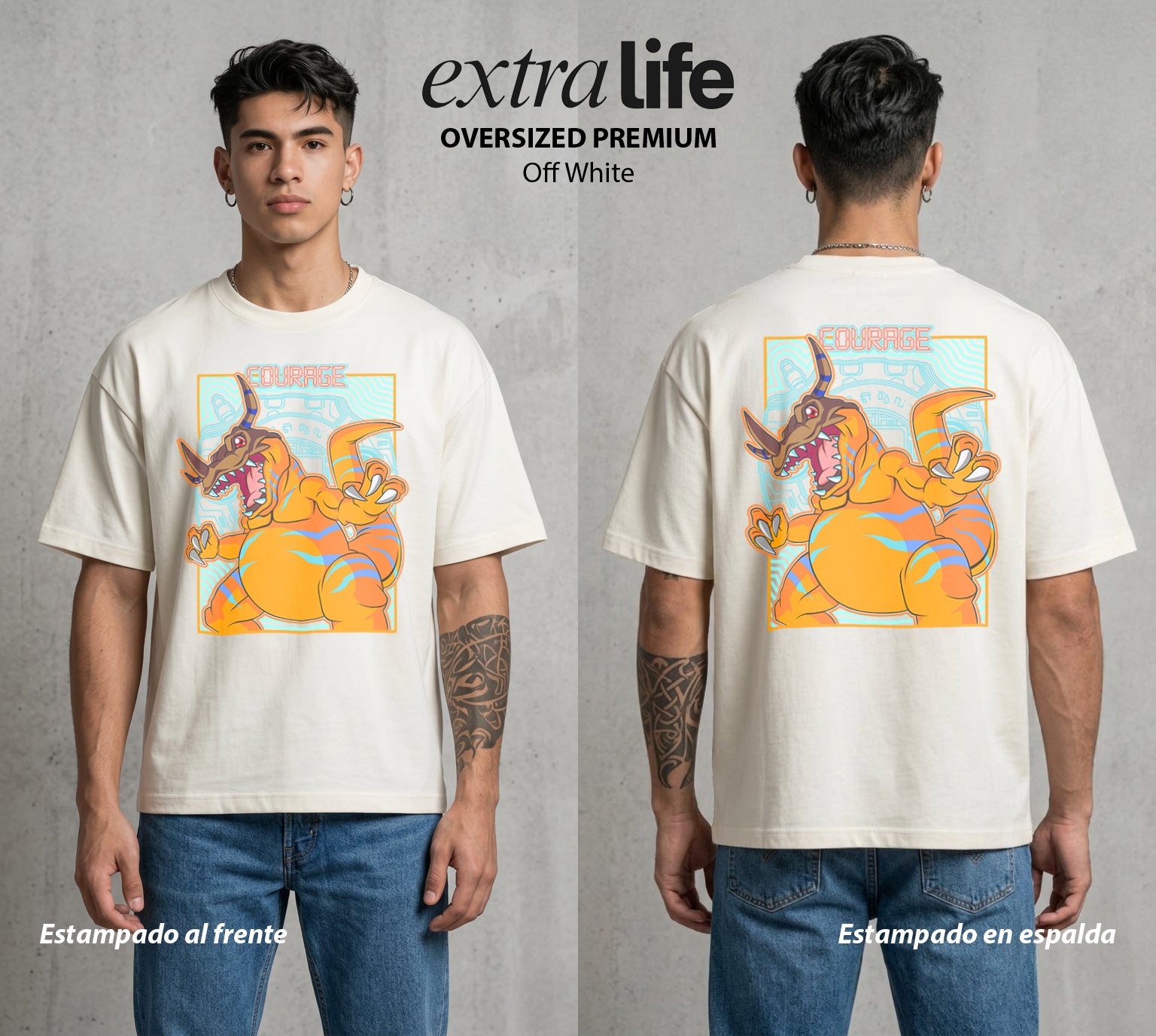 El Mundo Digital | Digimon Greymon #01308 - Playera Oversized Premium | Off White - Foto en modelo