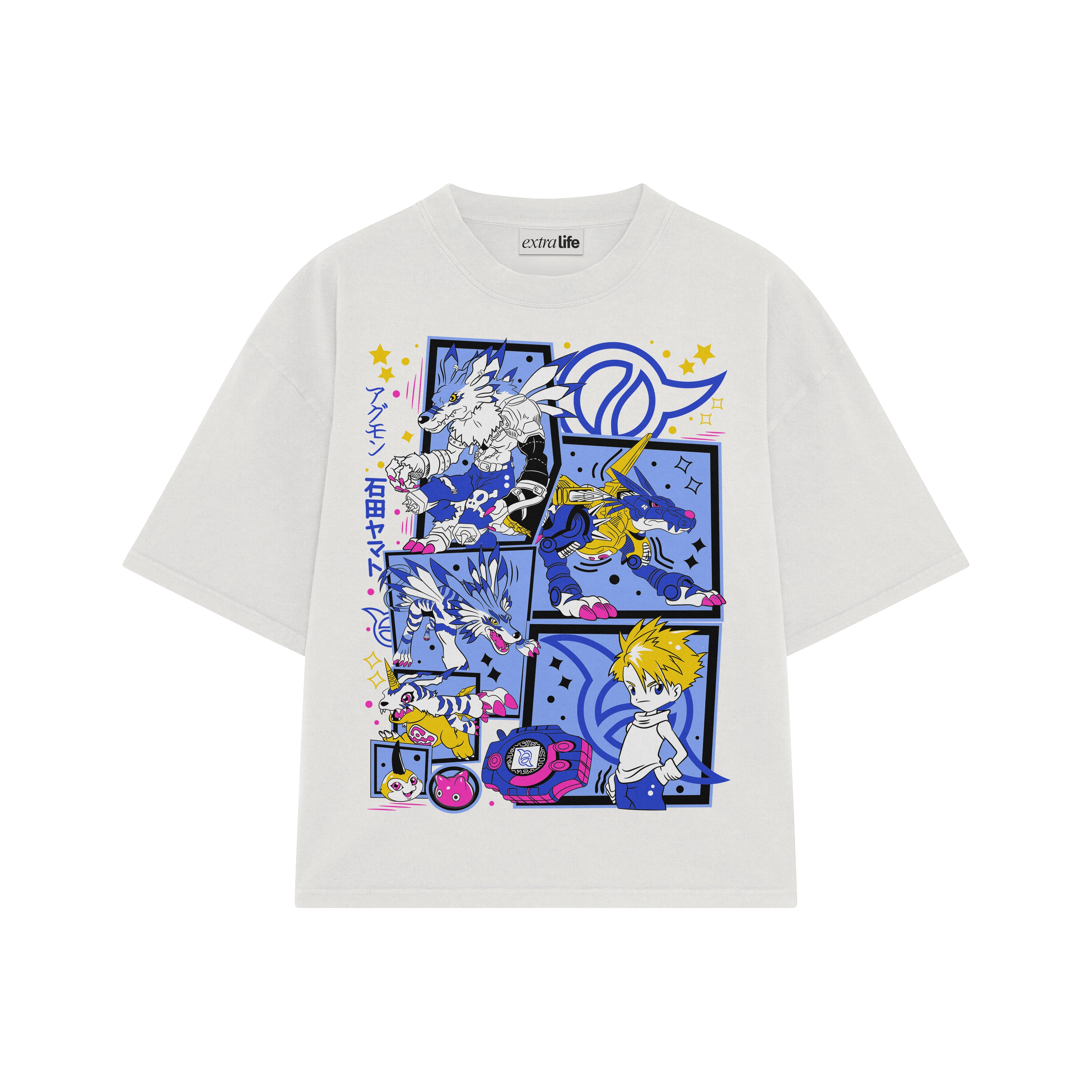 Playera streetwear premium de anime y gaming ExtraLife MX, corte boxy oversized drop shoulder heavyweight en color Deep Black y Off-White, moda urbana mexicana de culto.